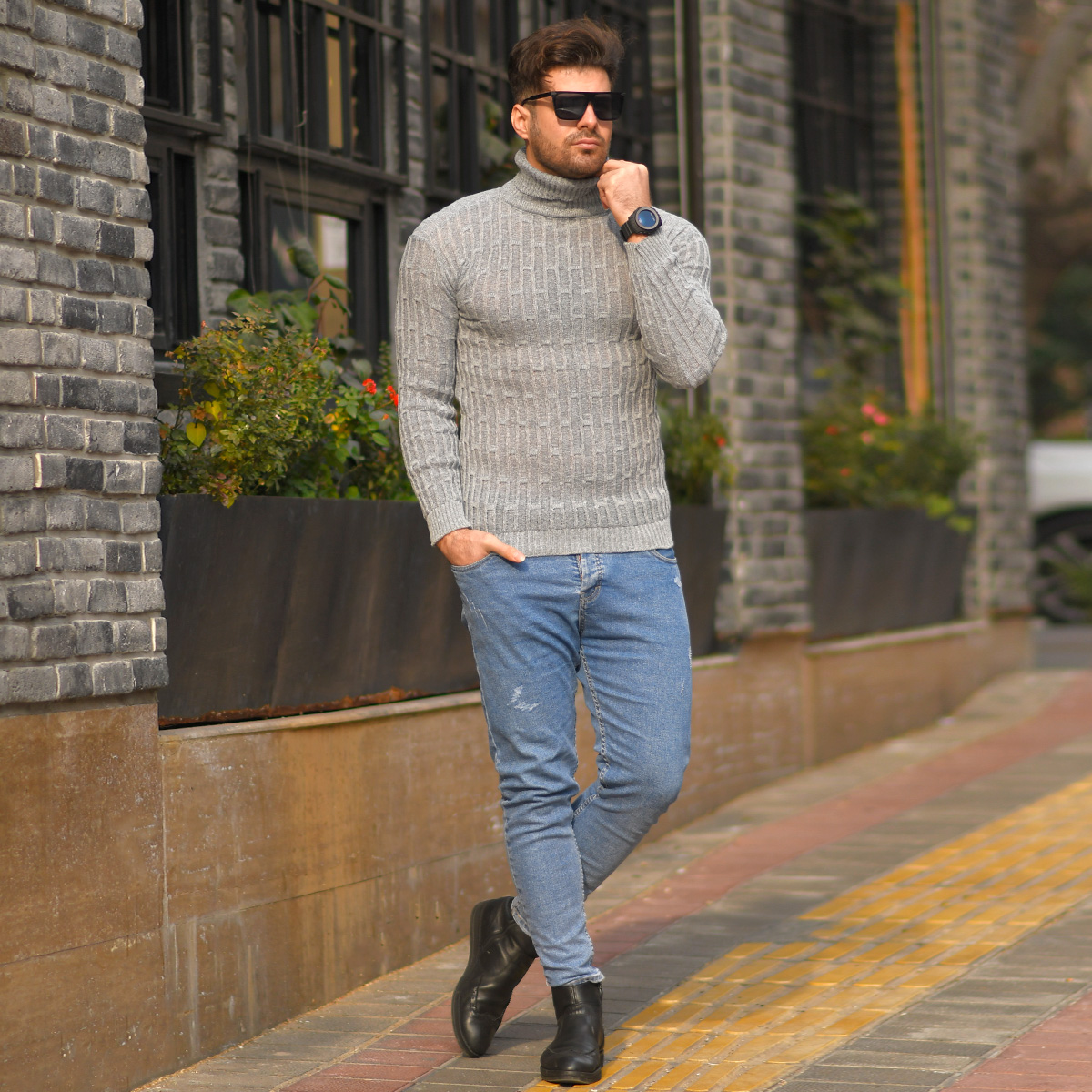 پلیوربافت یقه اسکی طوسی مردانه مدلSonar