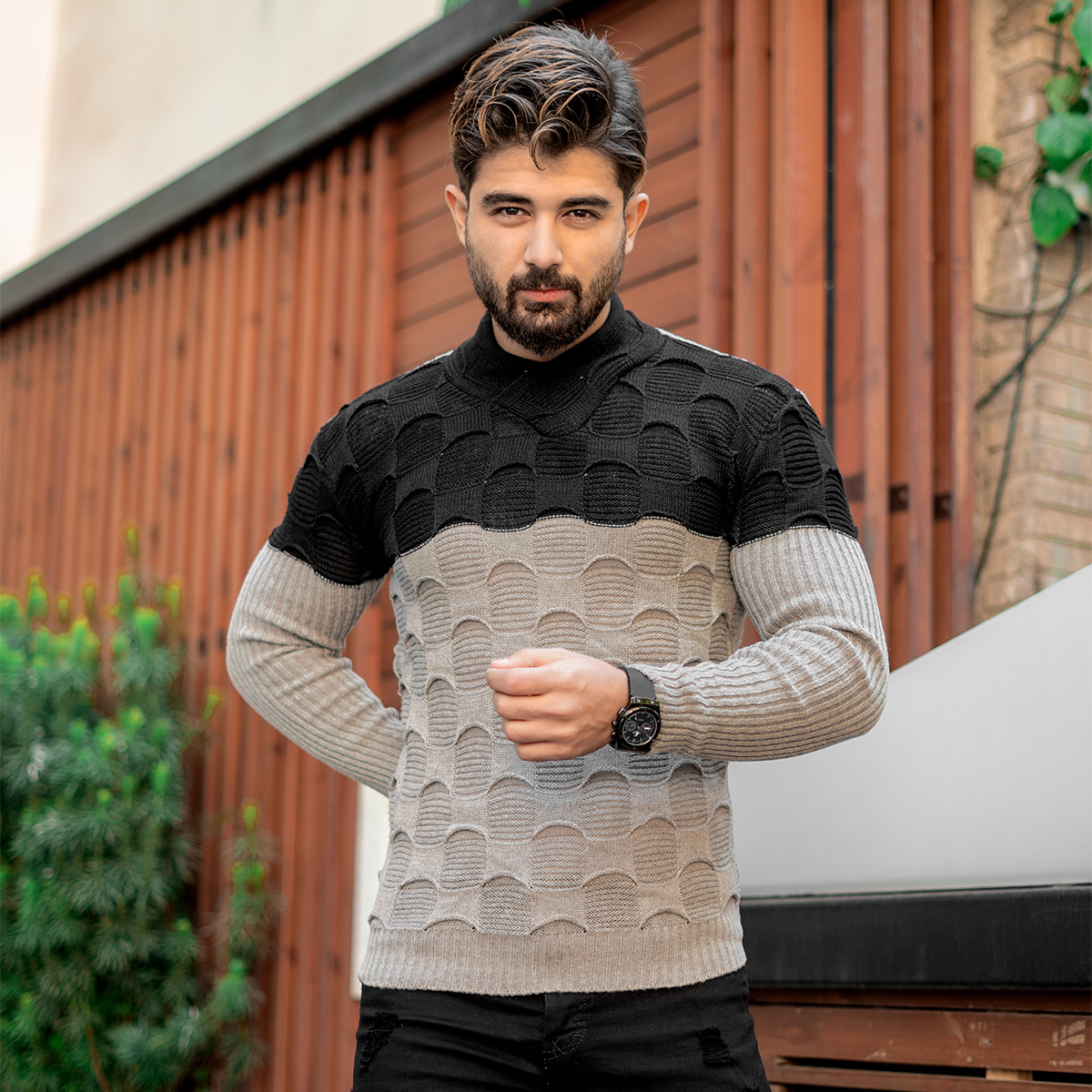 پلیور دورنگ مشکی کرم مردانه مدلArkia