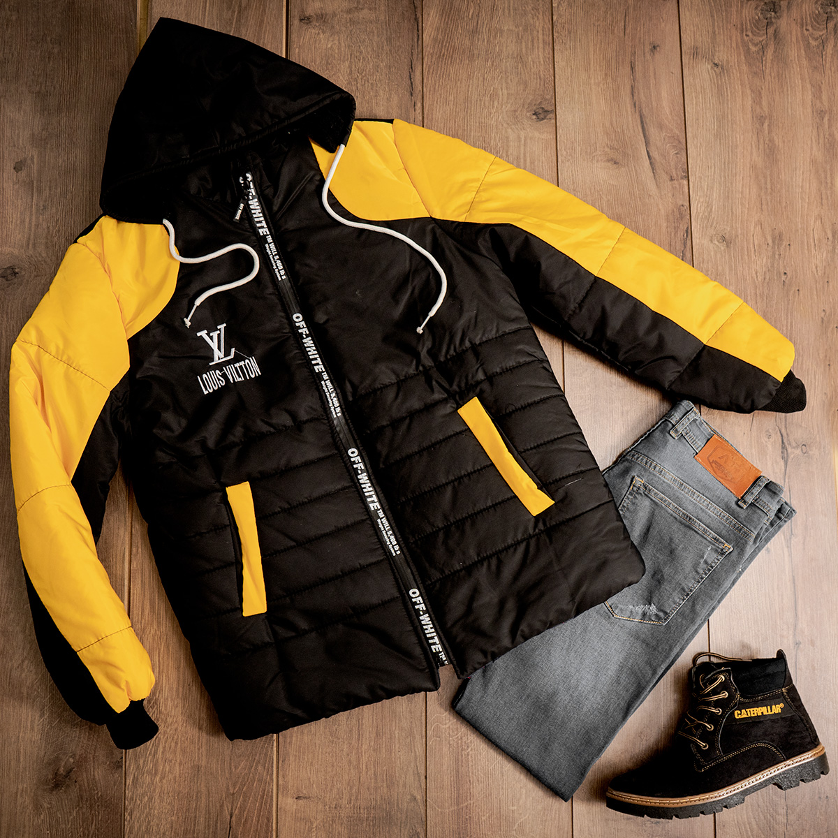 کاپشن مردانه مشکی زردمدل LV