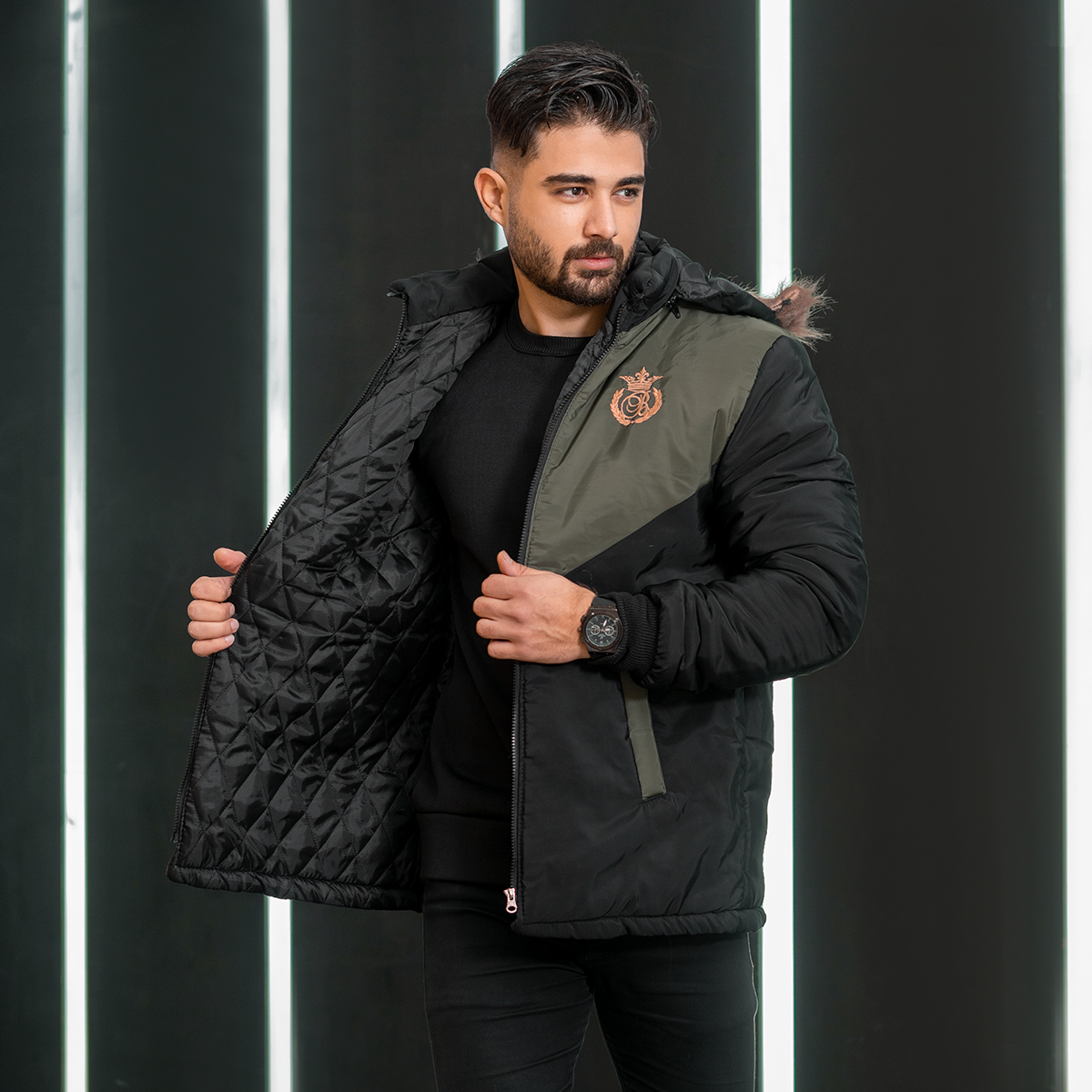 کاپشن مردانه مشکی سبز مدل Arin