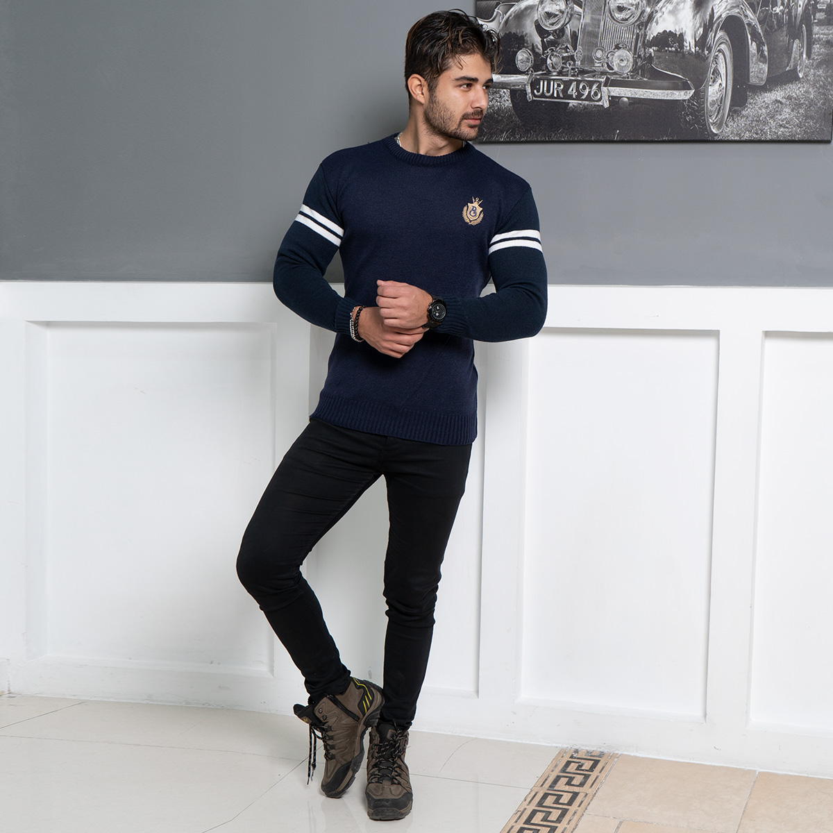 پلیور مردانه سرمه ای مدل Akar