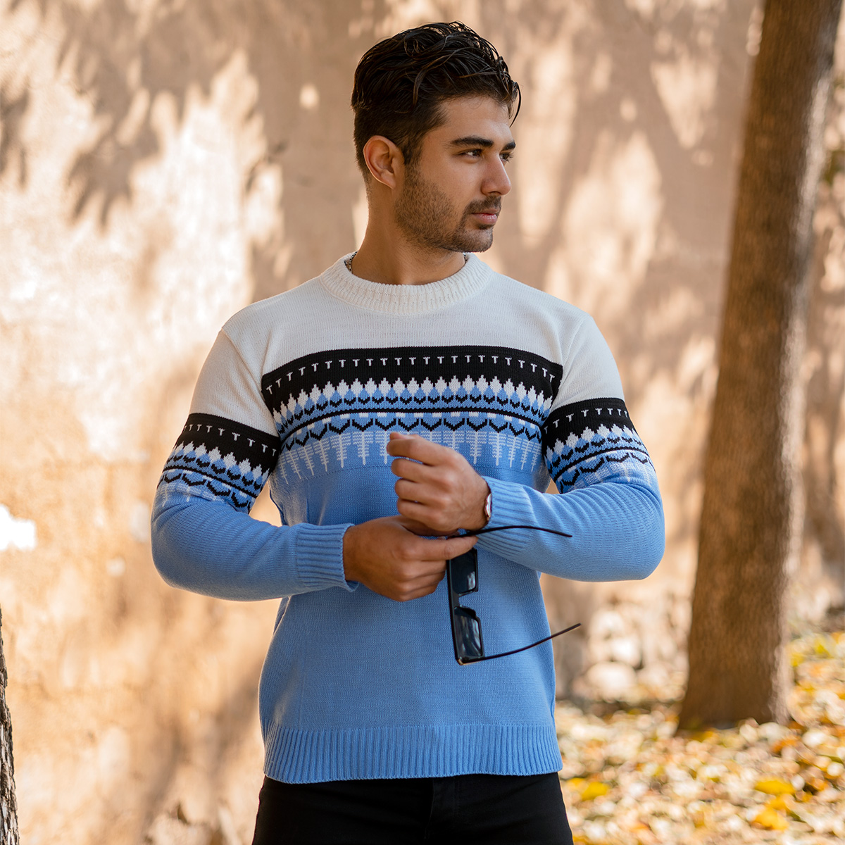 پلیور ژاکارد آبی فولادی مردانه مدل Sami