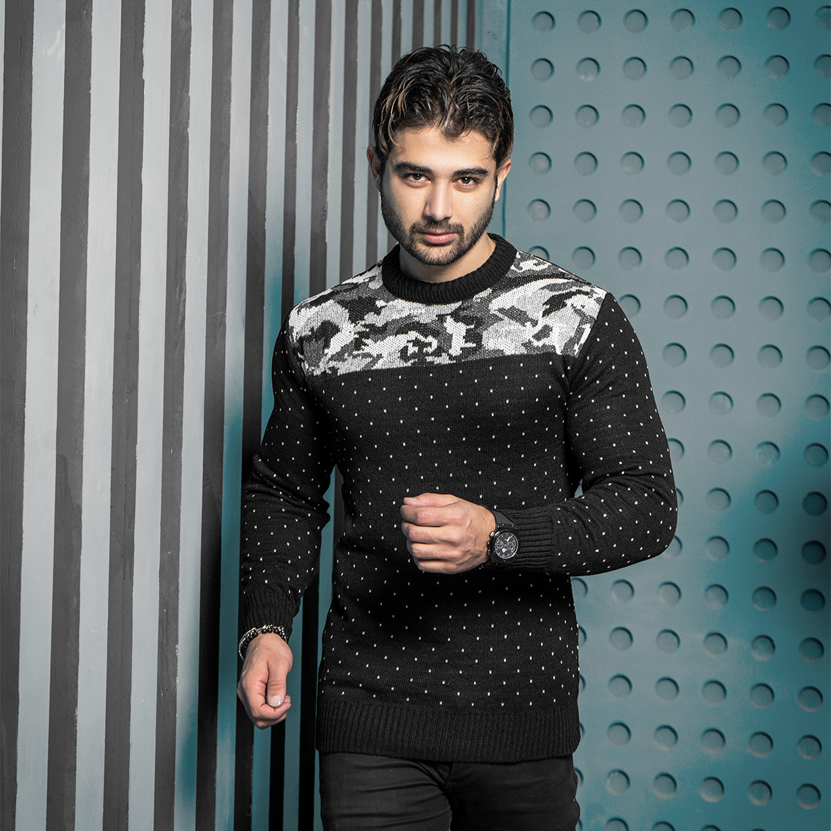 پلیور بافت مردانه مشکی طرح چریکی مدلLando