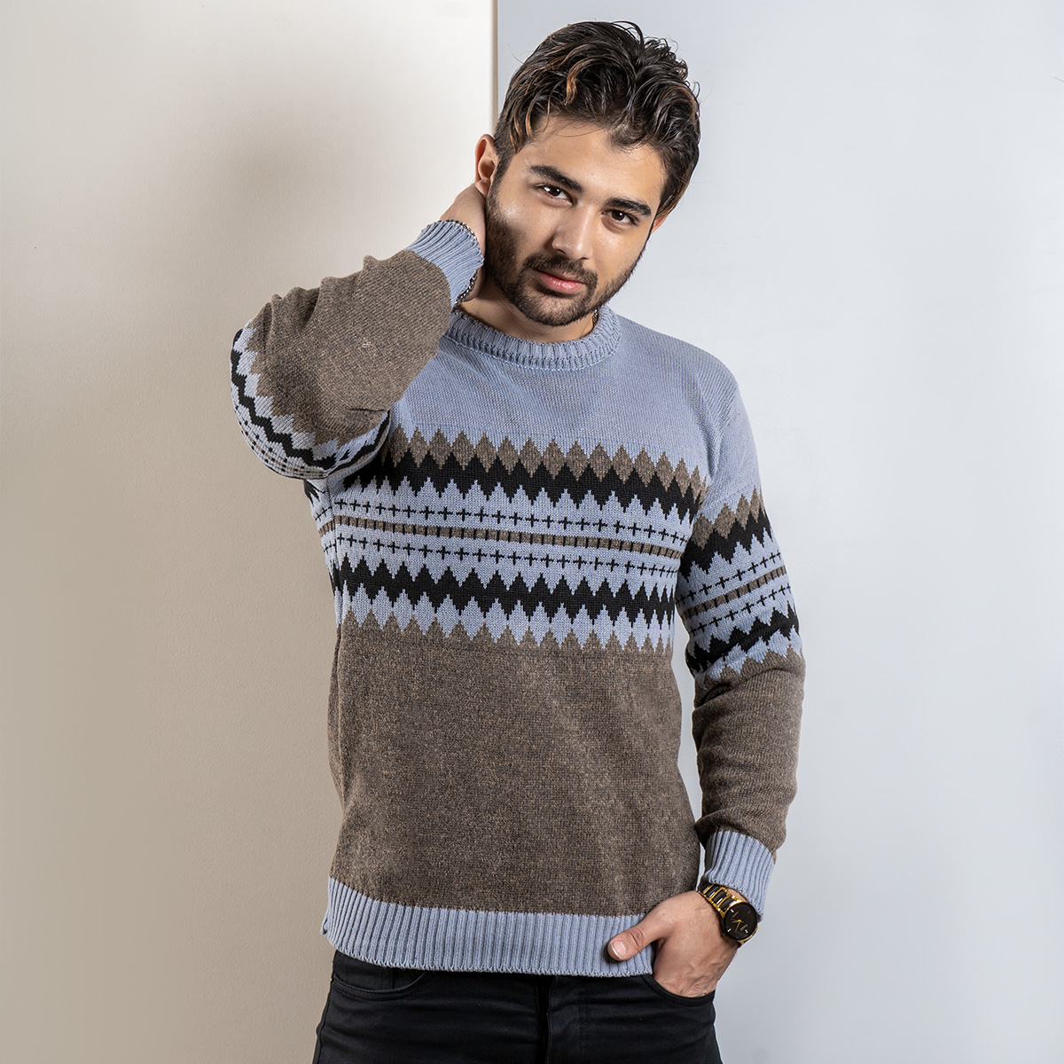 پلیور ژاکارد طوسی قهوه‌ای (T)مدل aroni