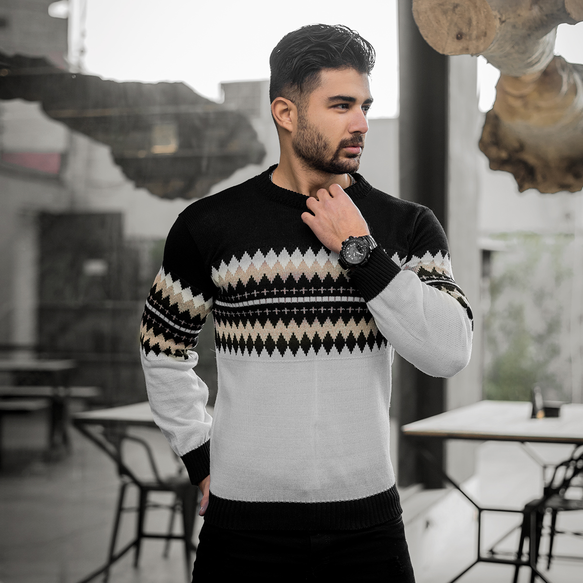 پلیور ژاکارد سفید مشکی مردانه مدلSami