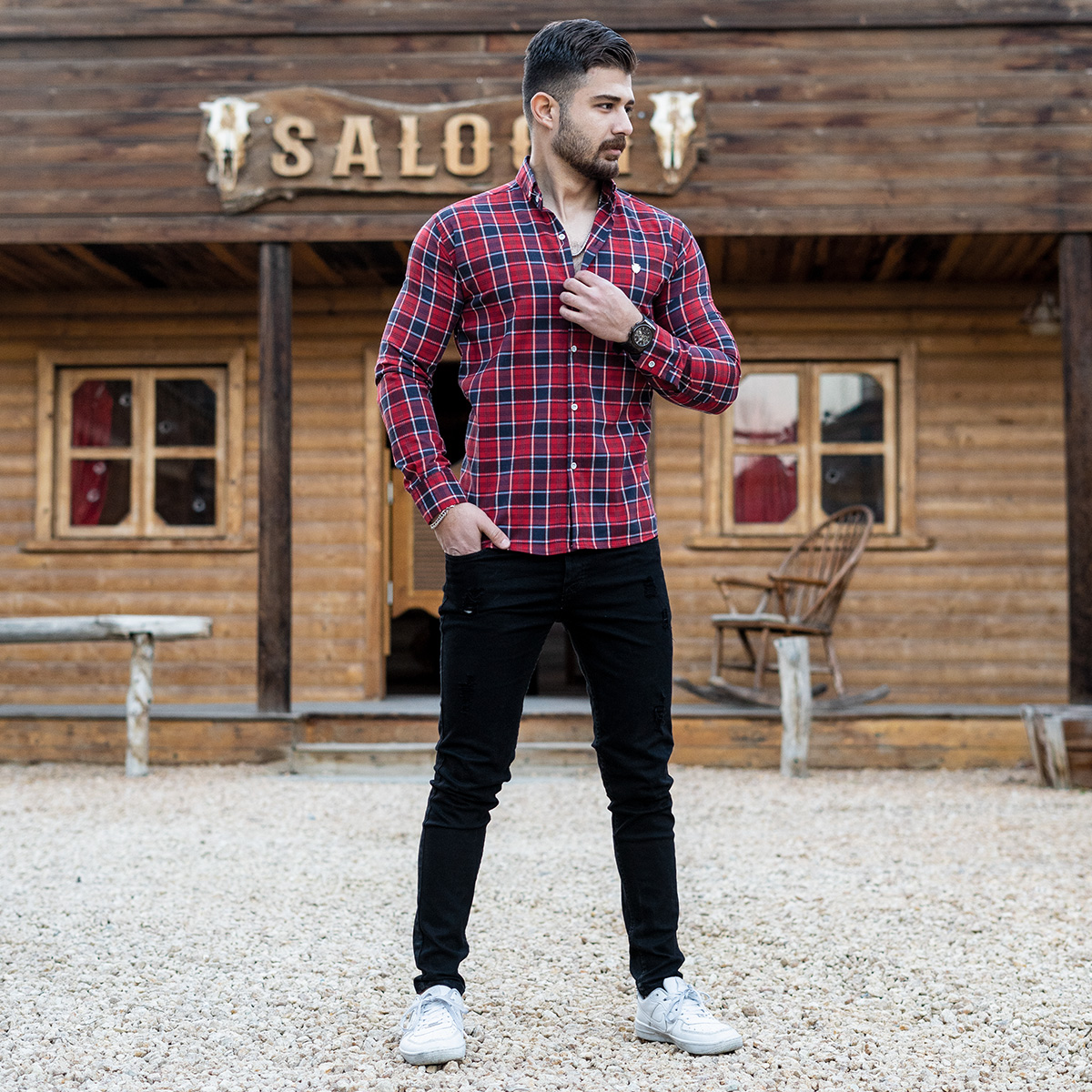 پیراهن چهارخونه قرمز مردانه مدل katin