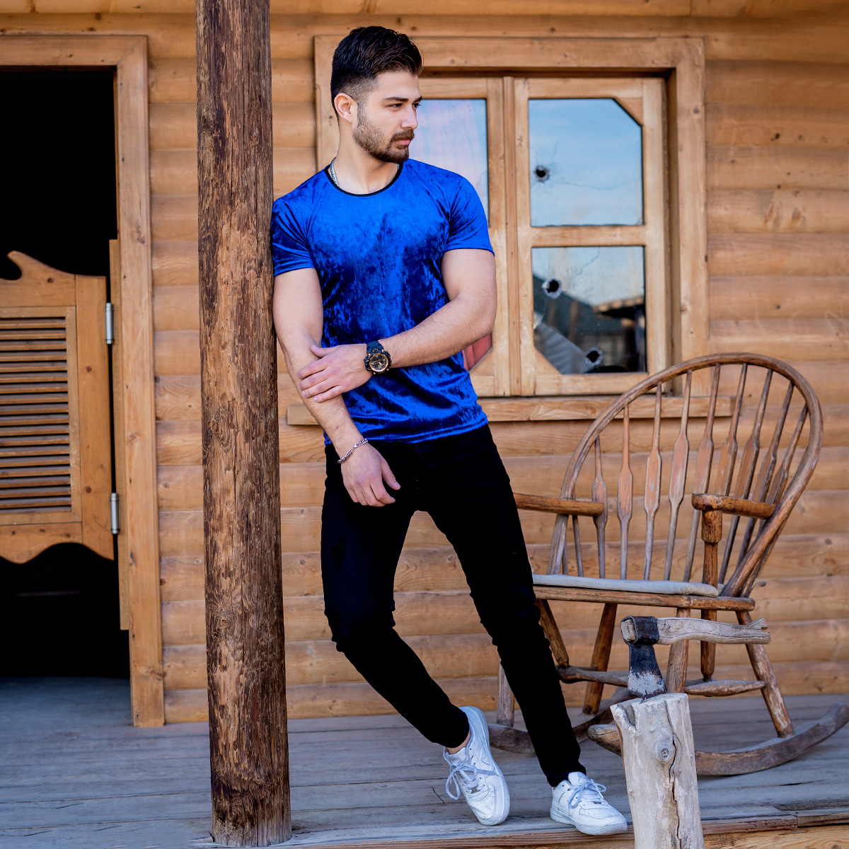 تیشرت مخمل آبی مردانه مدل kevin