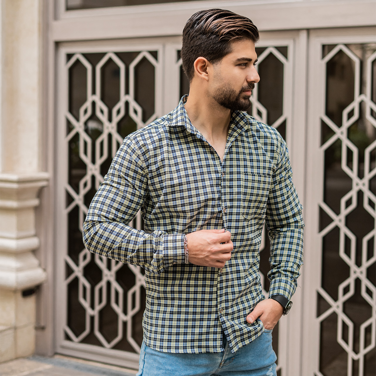 پیراهن مردانه(T) چهار خونه ریز لیمویی کمرنگT78