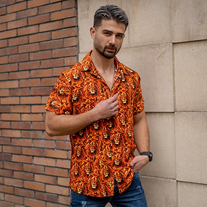 پیراهن هاوایی طرح شیر نارنجی مردانه مدل P11