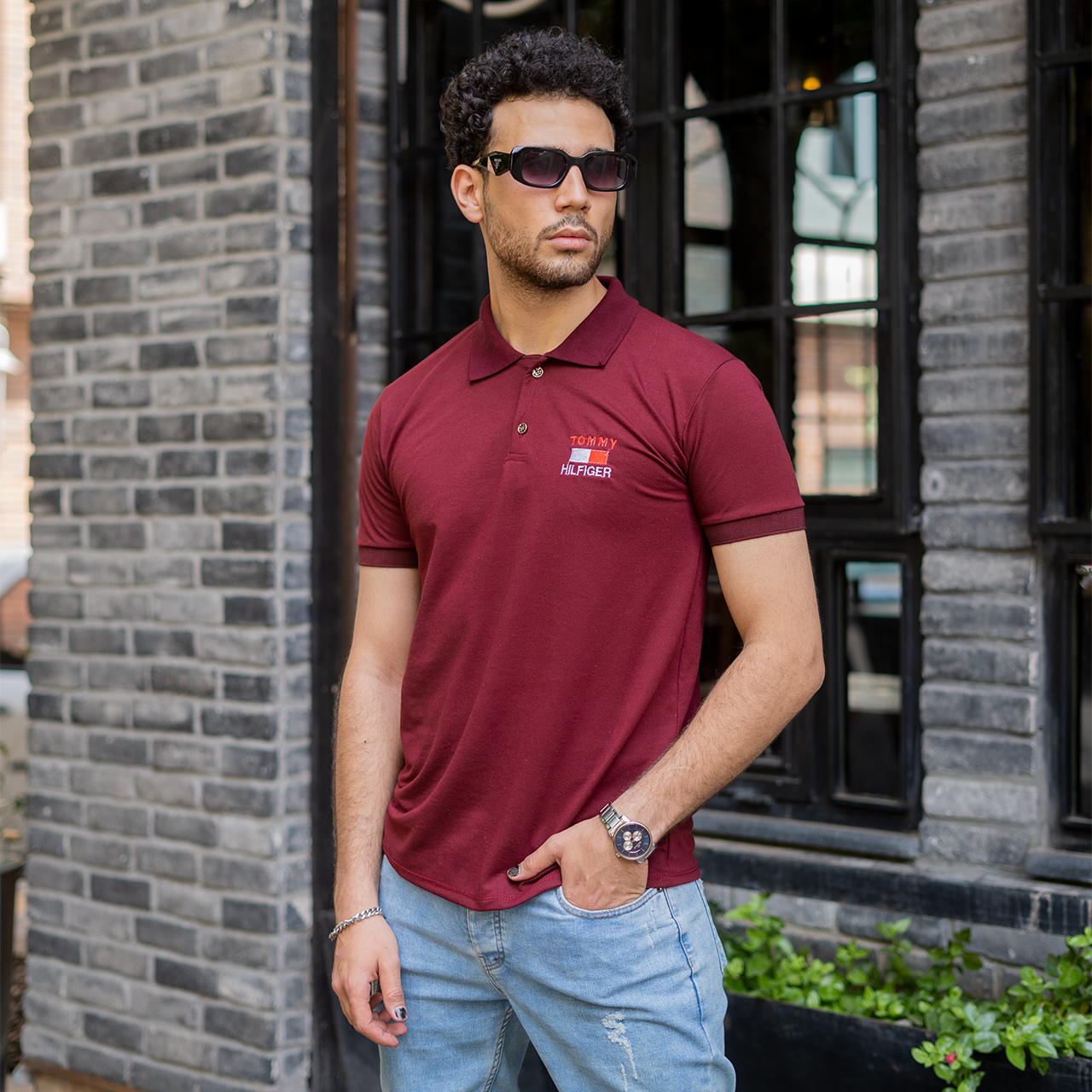 تیشرت جودون مردانه زرشکی مدلJ52