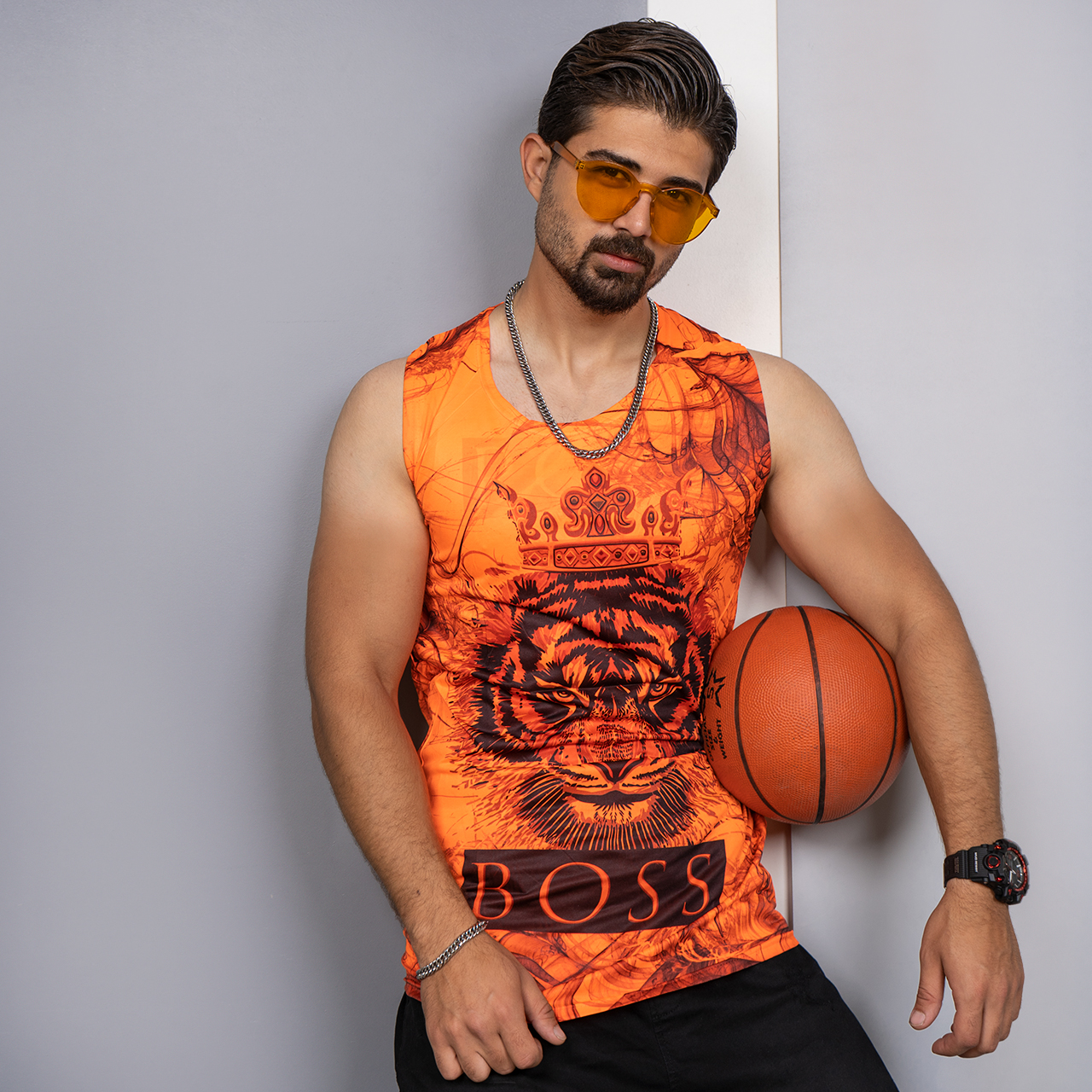 رکابی (T) نارنجی طرح ببر مردانه مدل Boss