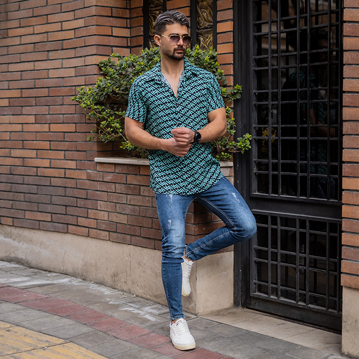 پیراهن هاوایی طرح فندی سبز مردانه مدل F82