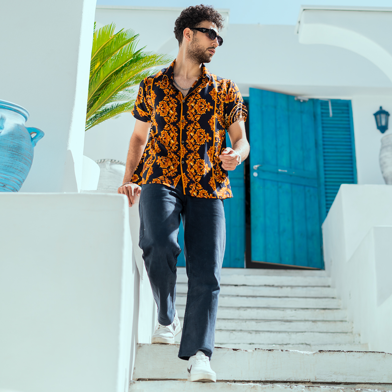 پیراهن هاوایی طرح گل طلایی مردانه مدل G902