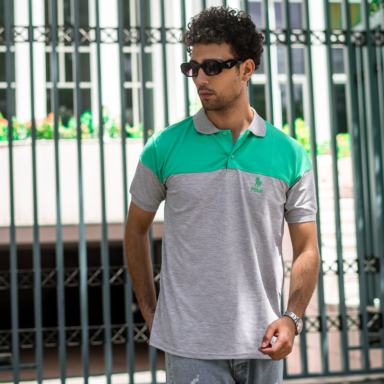 تیشرت مردانه POLO طوسی- سبزآبی مردانه Mazyar