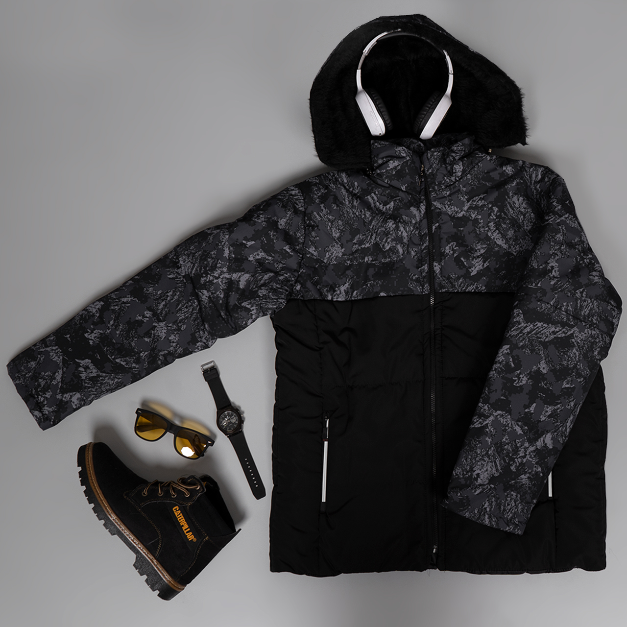 کاپشن دورنگ طوسی-مشکی مردانه مدلRovin