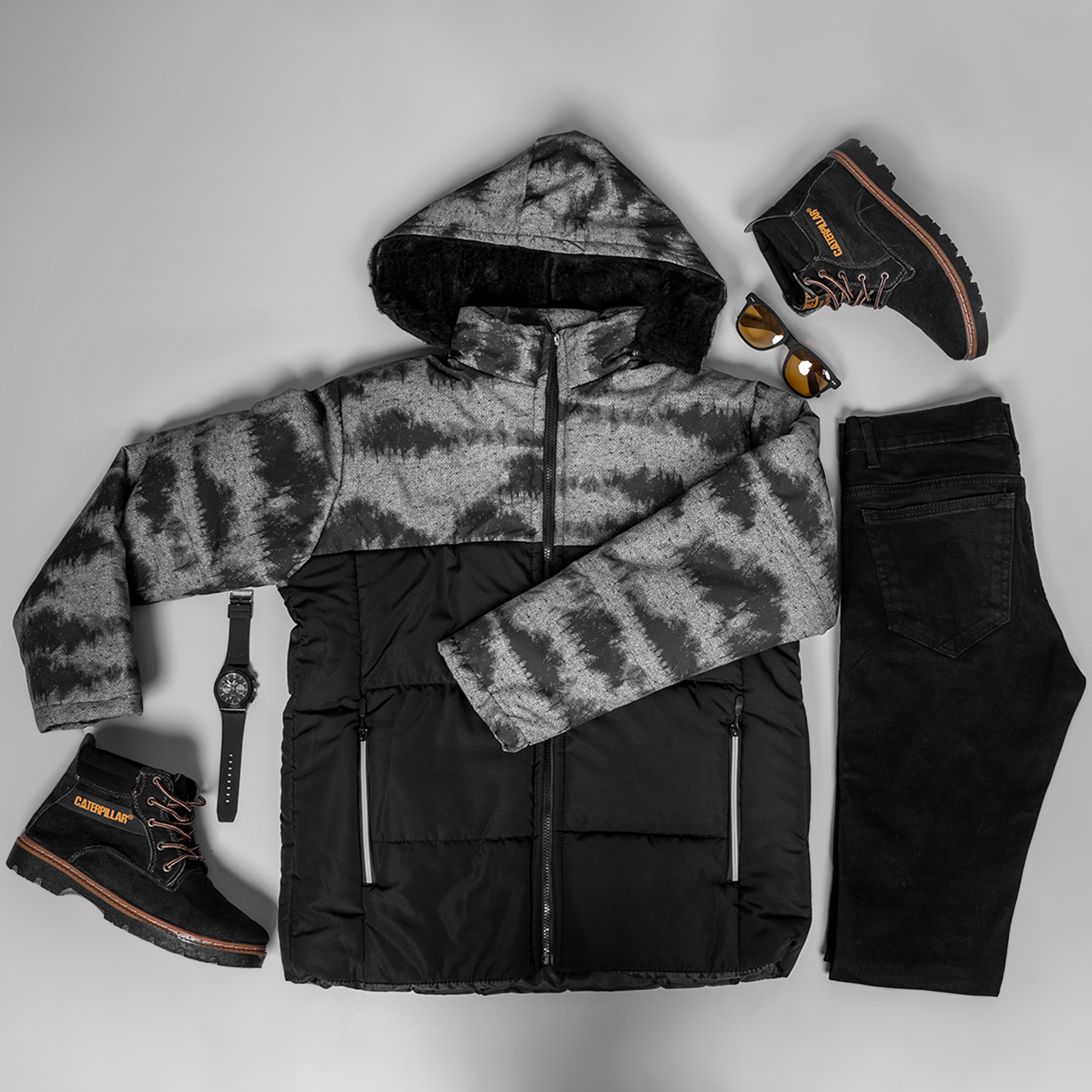 کاپشن ابرو بادی دورنگ مشکی-طوسی مردانه مدل Daryosh