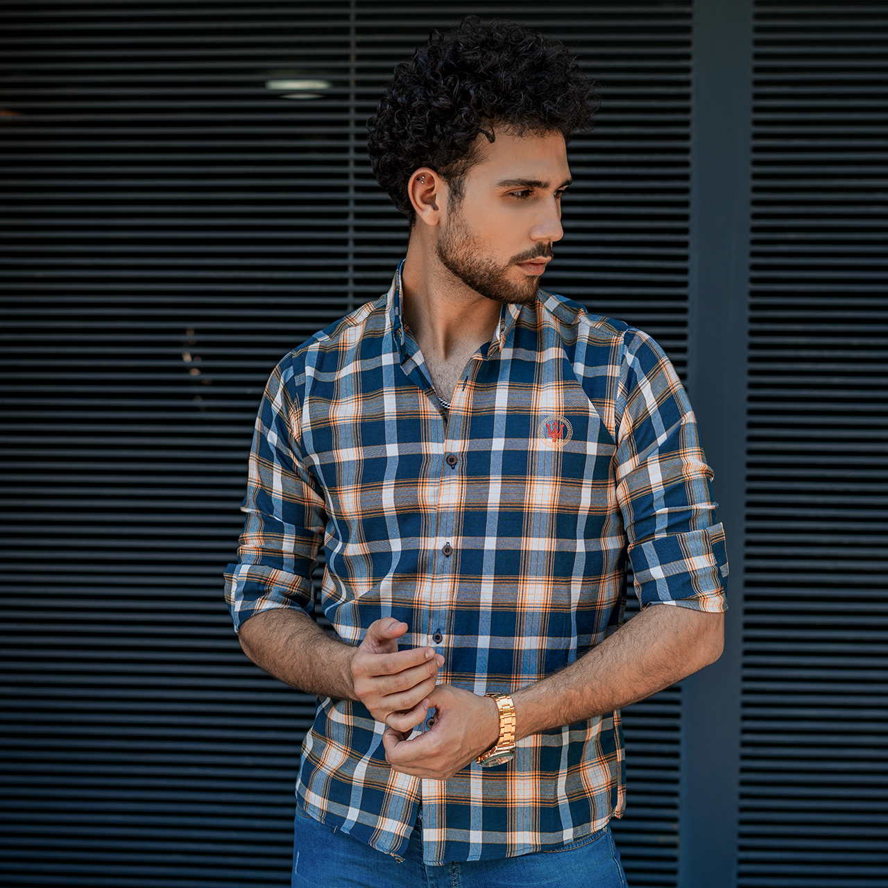 پیراهن چهارخونه مردانه آبی طوسی مدلB12