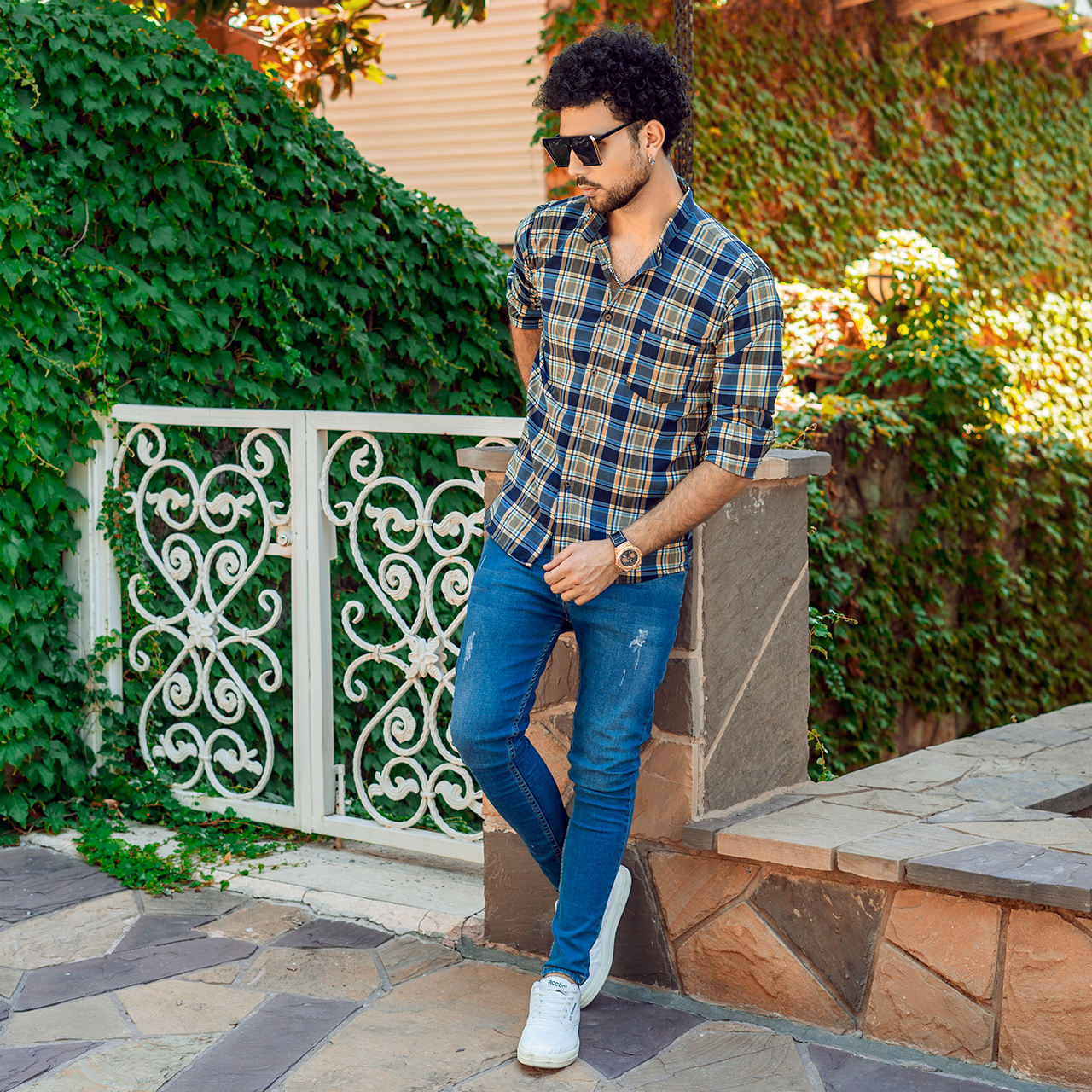 پیراهن چهارخونه مردانه آبی زرد مدل B14