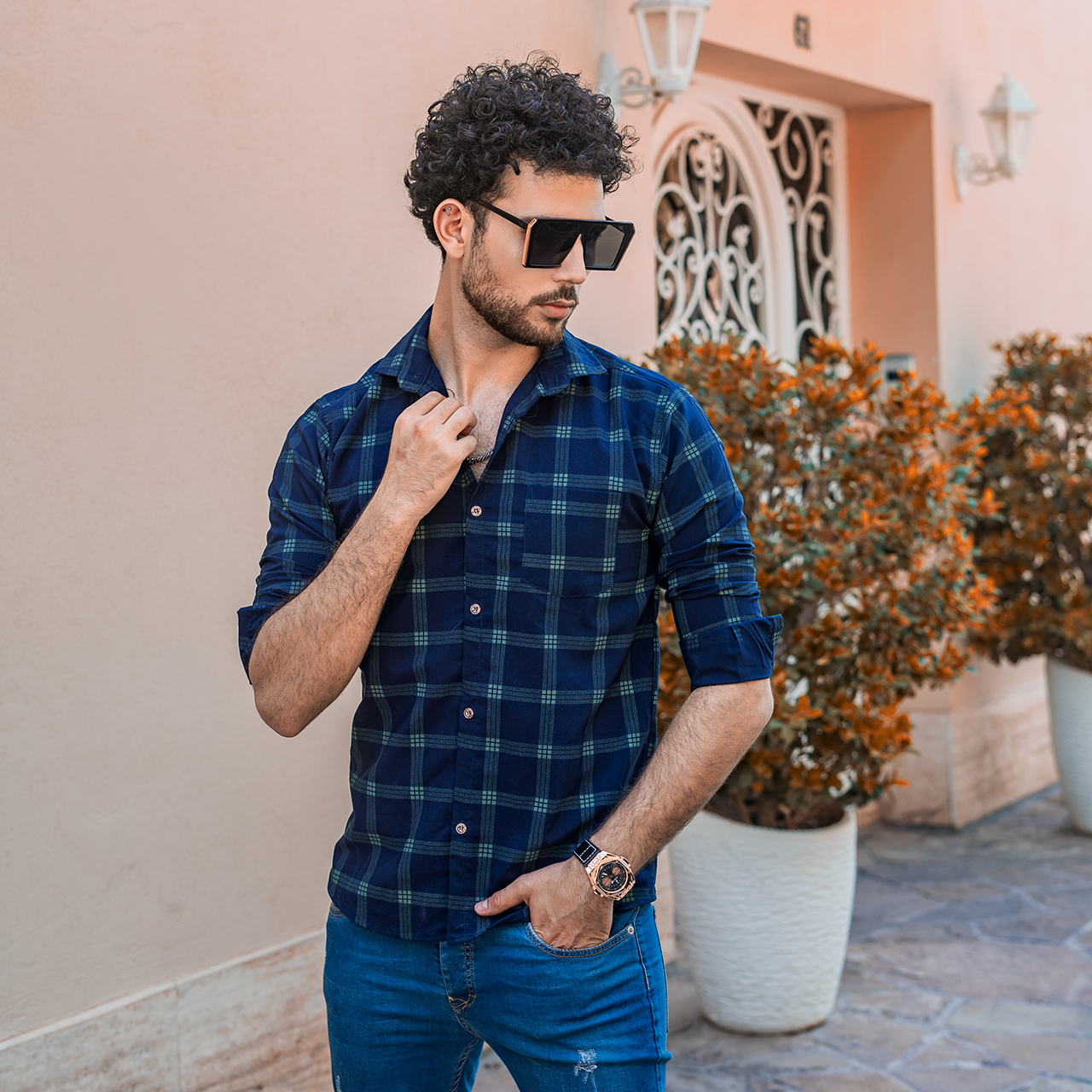 پیراهن چهارخونه مردانه سرمه ای مدل B18