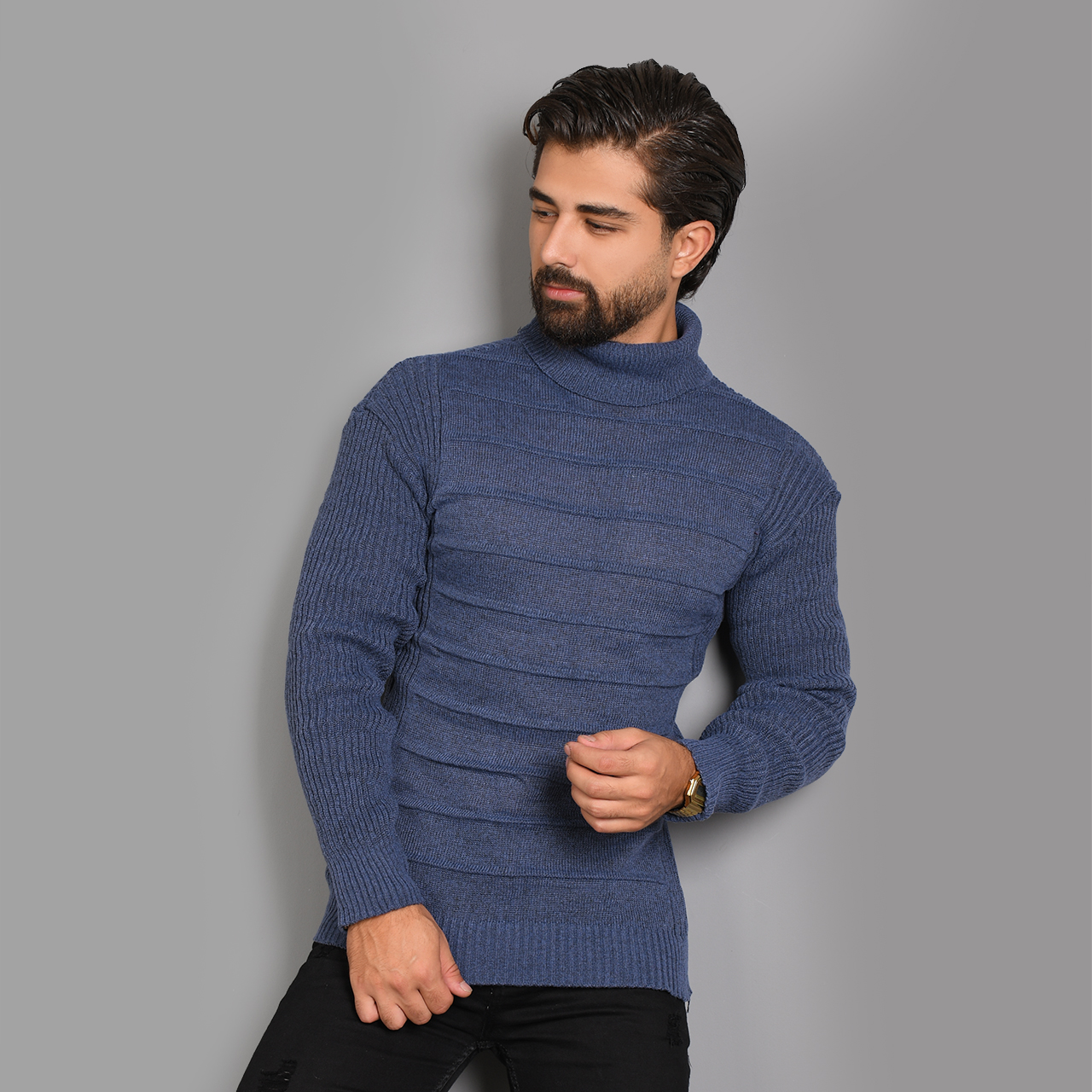 پلیور یقه اسکی آبی طرح کرکره ای مردانه مدلR10