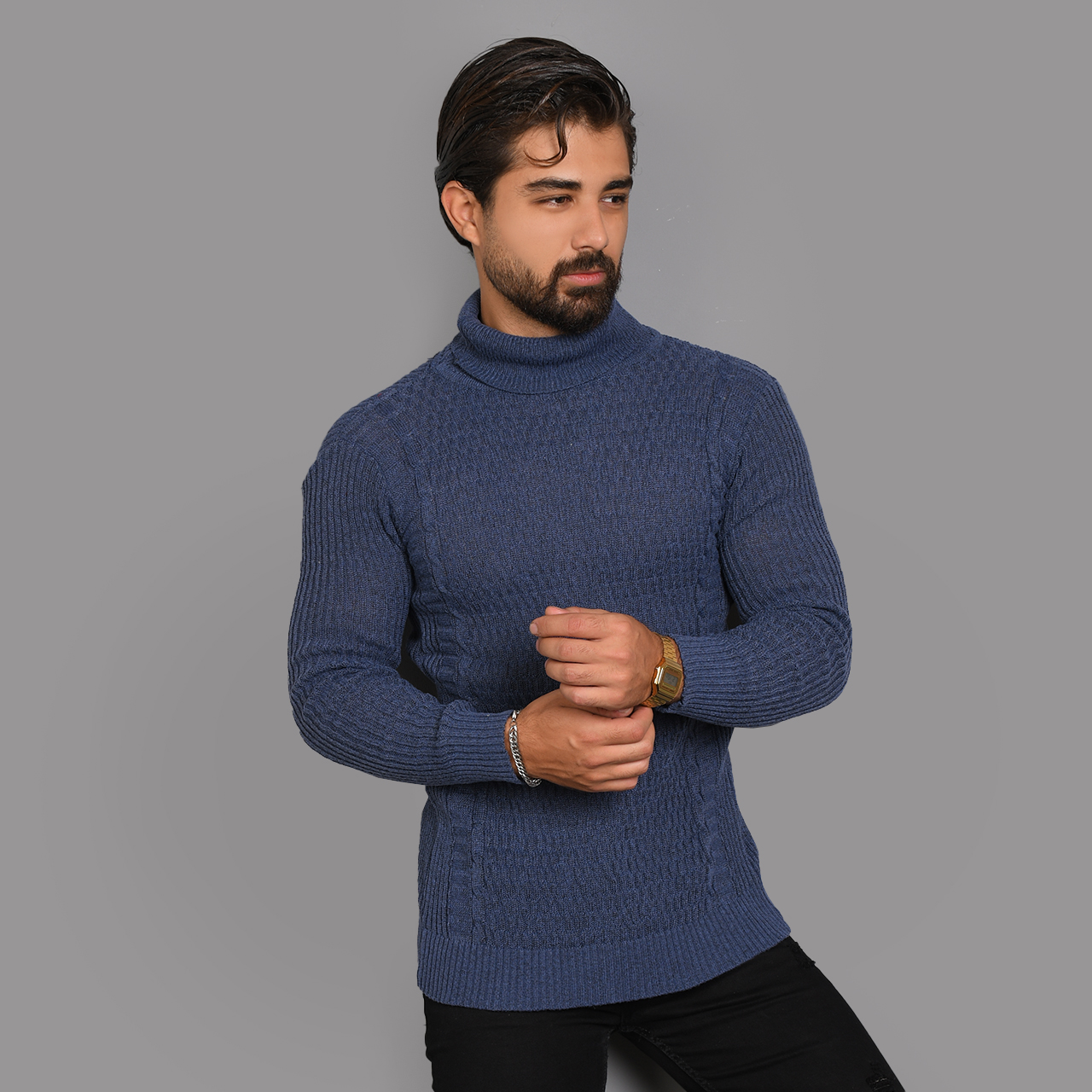 پلیور یقه اسکی آبی طرح راه راه مردانه مدلT10