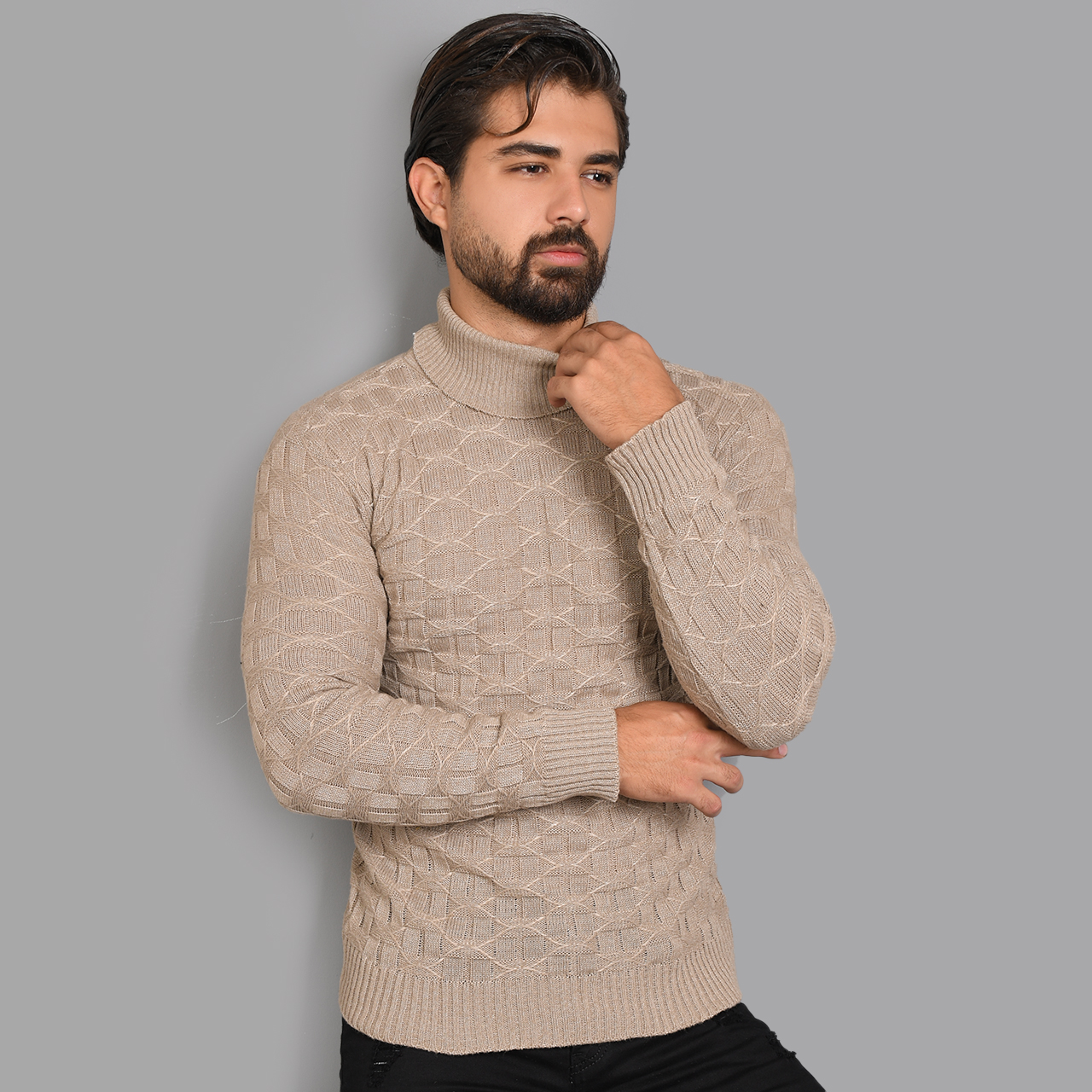 پلیور یقه اسکی کرم طرح لوزی مردانه مدلG10