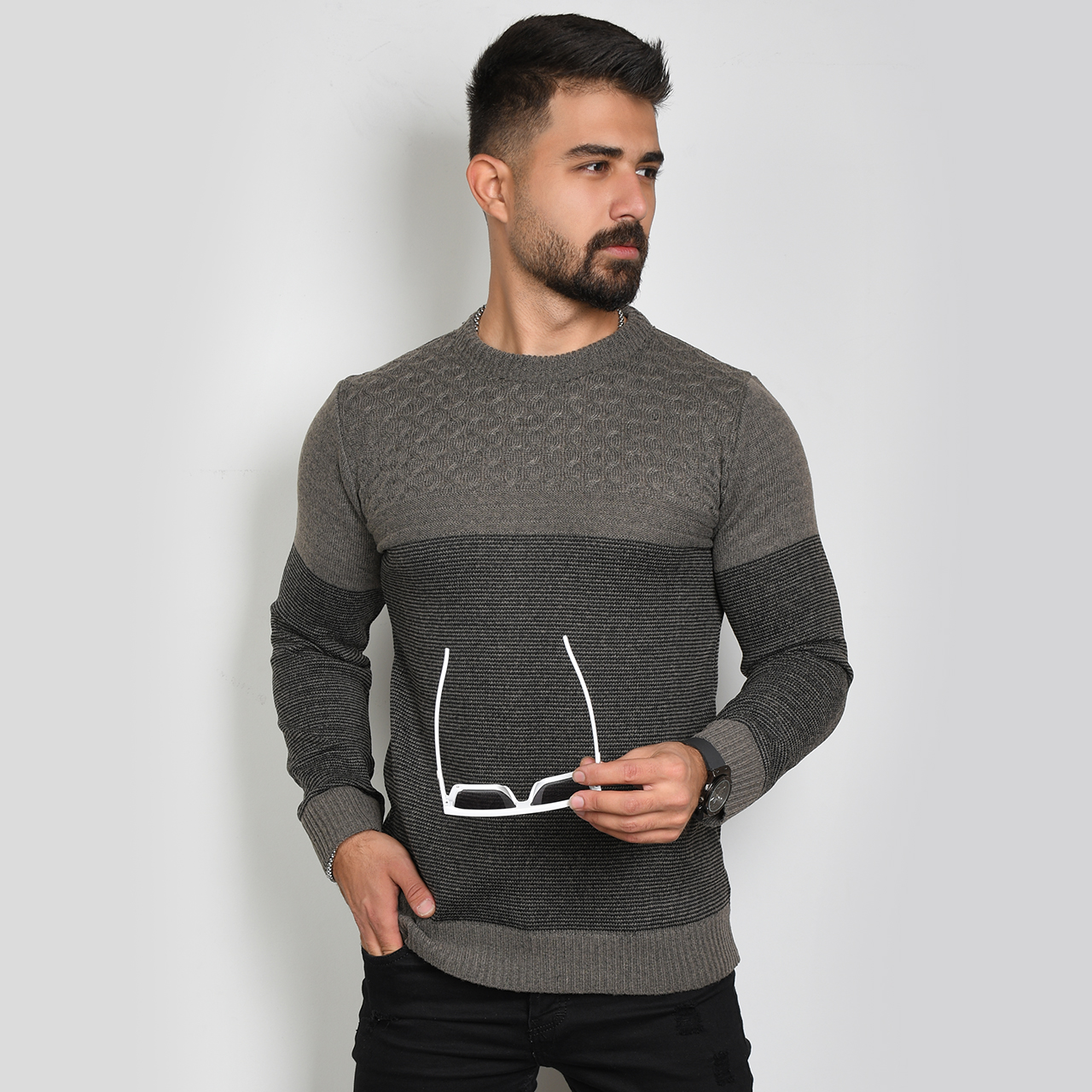 پلیور مردانه راه راه قهوه ای مدل navid