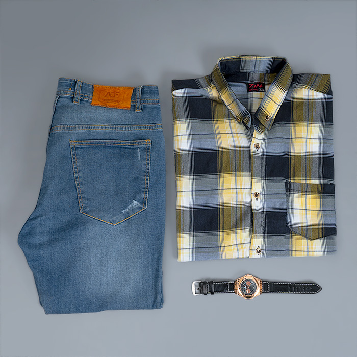 پیراهن مردانه چهارخونه زرد سرمه ای مدل Robert