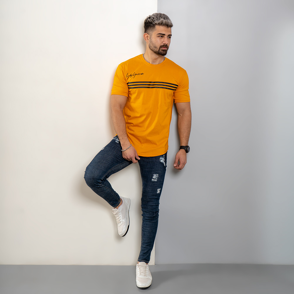 تیشرت مردانه سه خط خردلی مدل DENVER