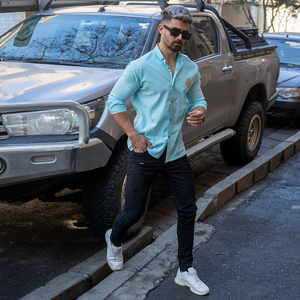 پیراهن مردانه آبی فیروزه ای مدل gabi