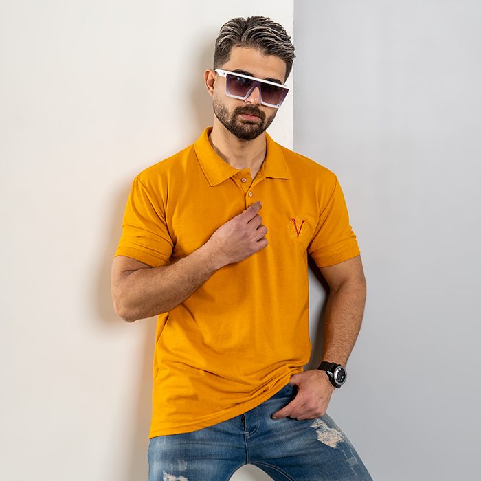 تیشرت V خردلی مردانه مدل Sadra