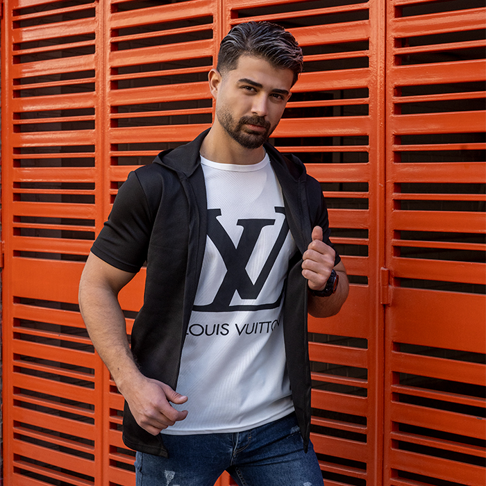 هودی مردانه مشکی سفید مدل LV
