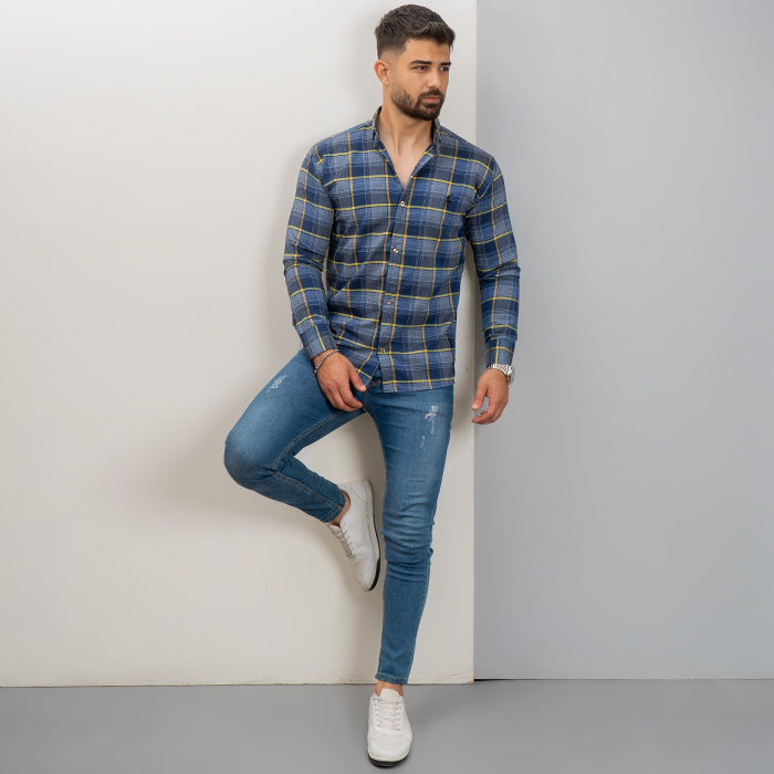 پیراهن مردانه سرمه ای زرد مدل Farzad