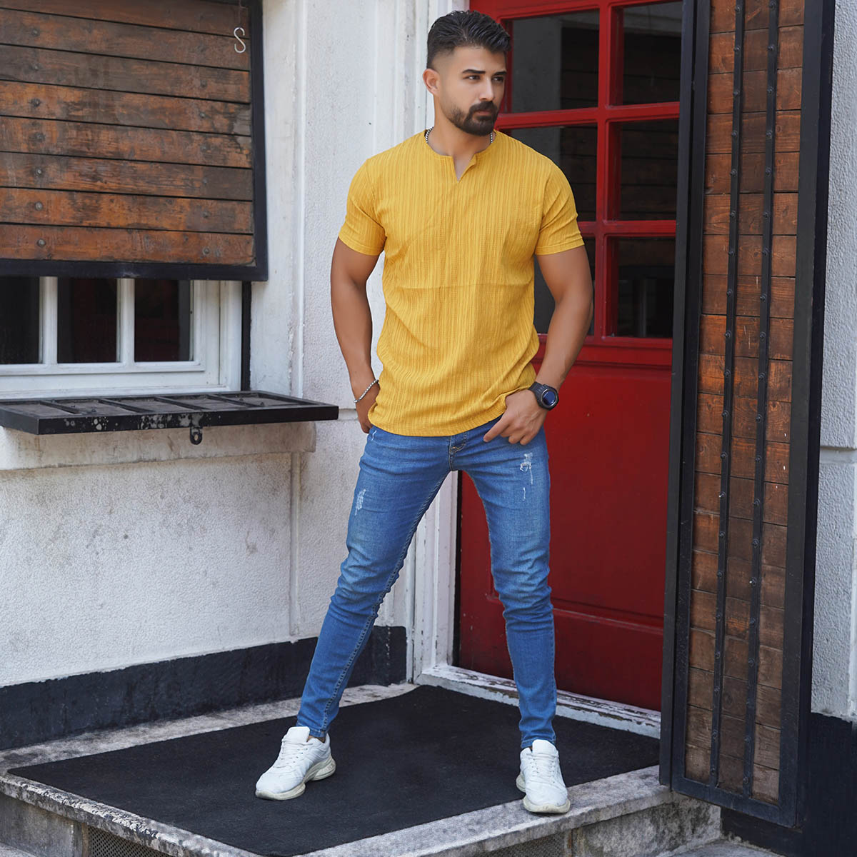 تیشرت آستین کوتاه خردلی مردانه مدل Bardia