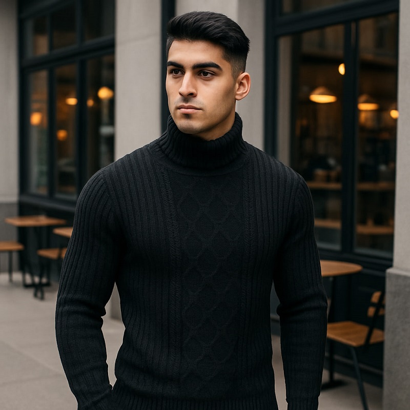 پلیوربافت مردانه مشکی یقه اسکی مدل Hakan