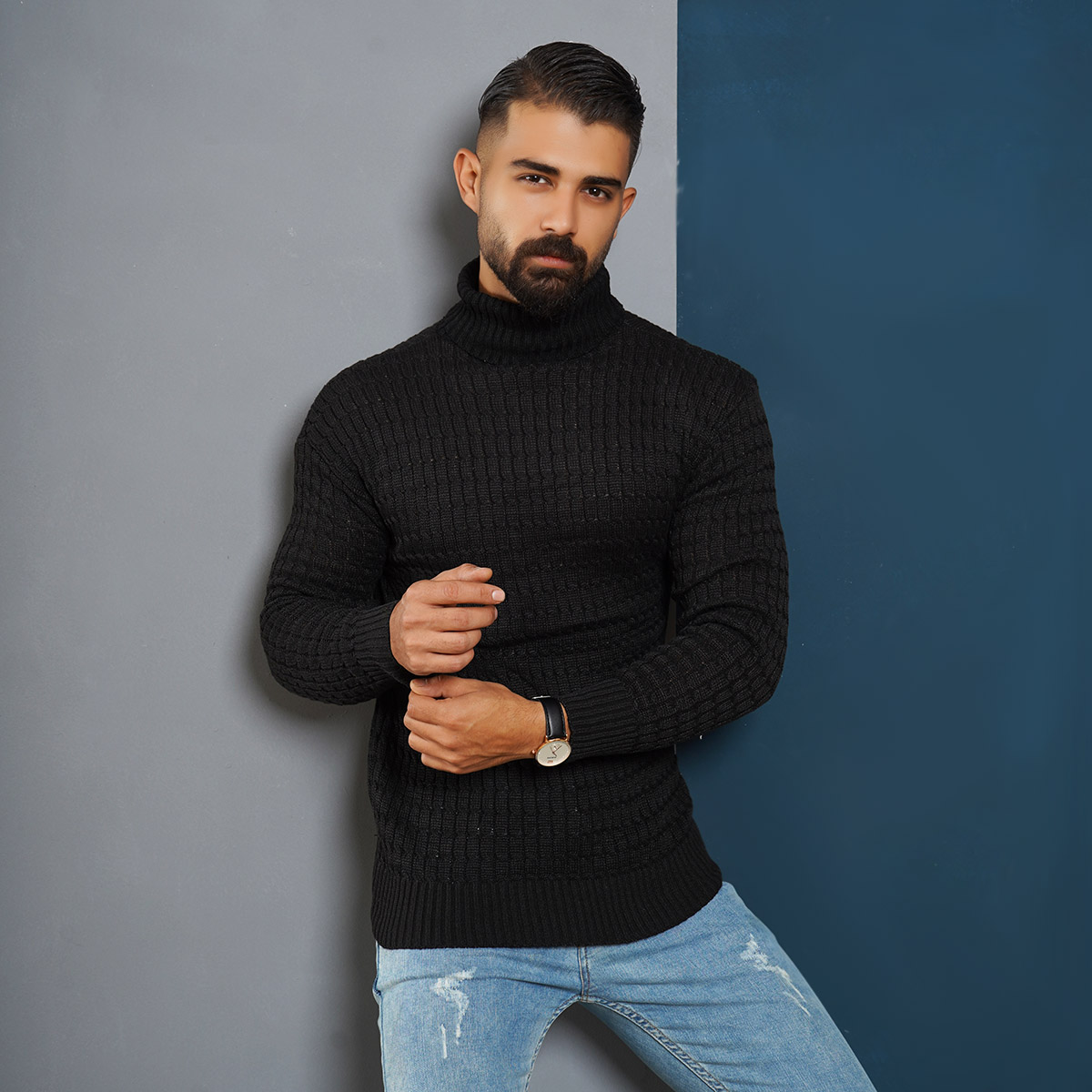 پلیوربافت مردانه مشکی یقه اسکی مدل Pouyan