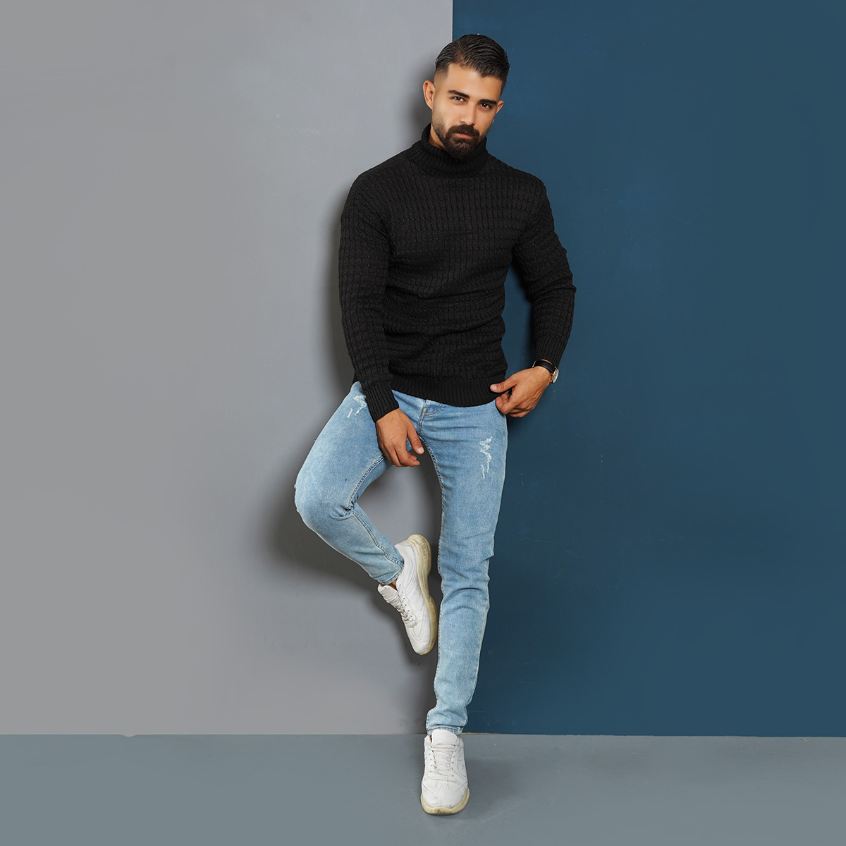 پلیوربافت مردانه مشکی یقه اسکی مدل Pouyan