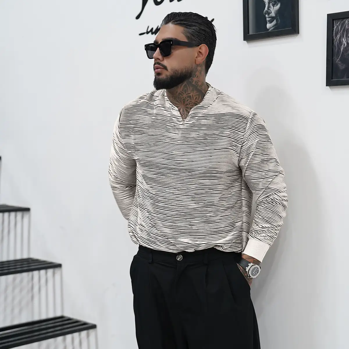 تیشرت آستین بلند یقه کوبایی طوسی روشن مدل Nivad