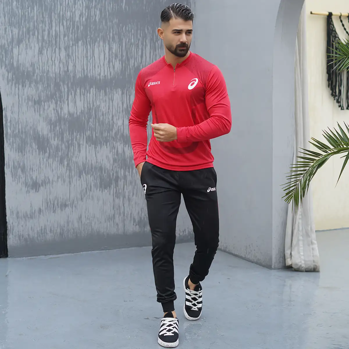 ست تیشرت آستین بلندشلوار مردانه قرمزمدل ASICS