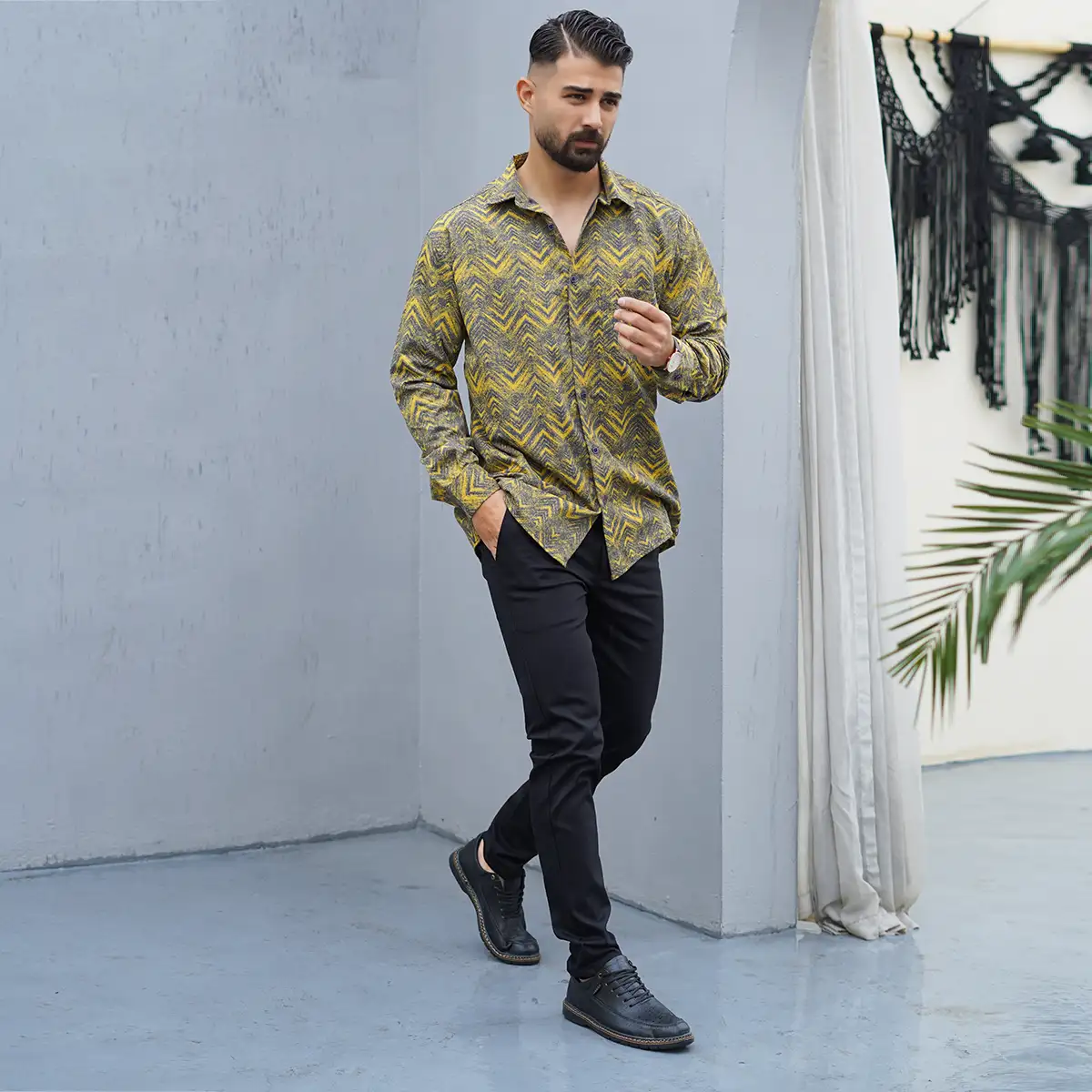 پیراهن مردانه خردلی مدل awino