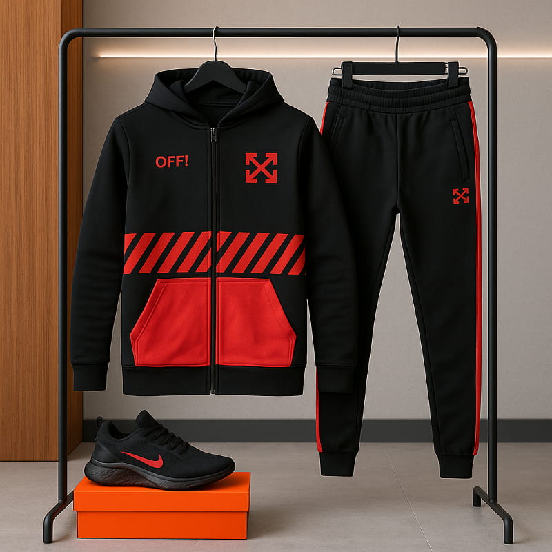 ست سوییشرت شلوار مردانه مشکی قرمزoff-white مدل Manga