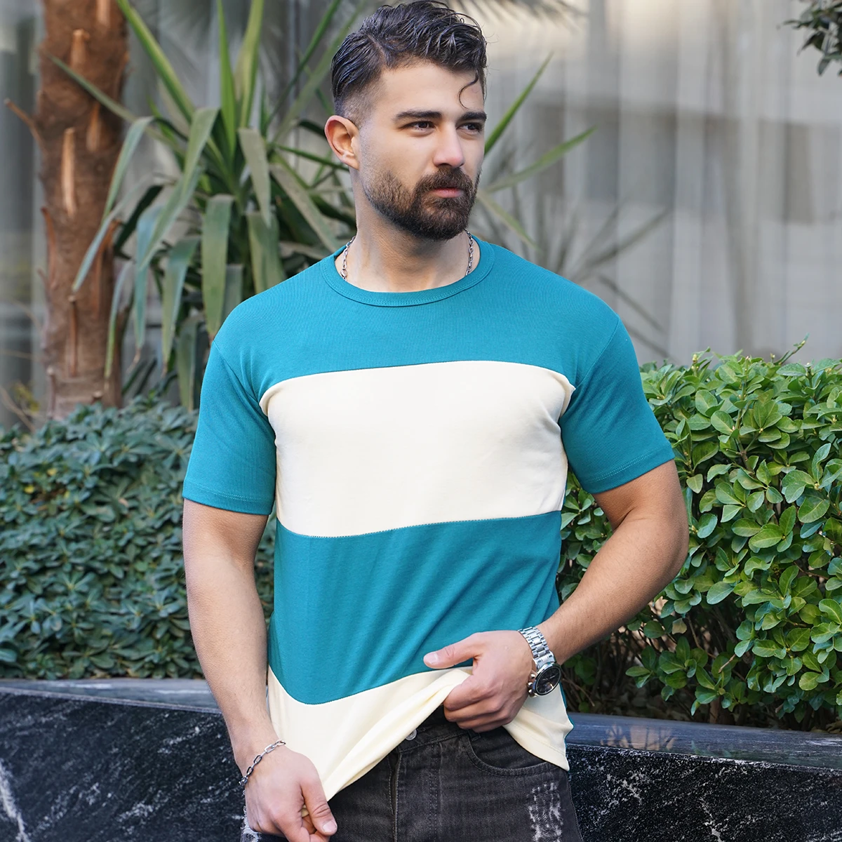 تیشرت مردانه سبز کرم مدل Dayar