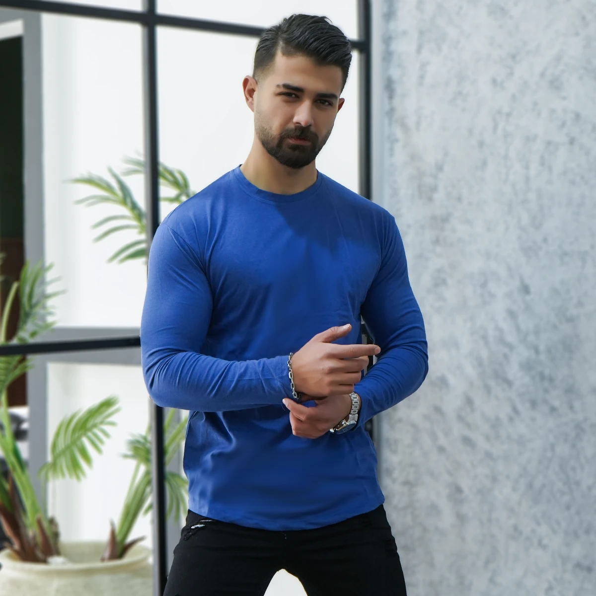 تیشرت آستین بلند آبی مردانه مدل Vala