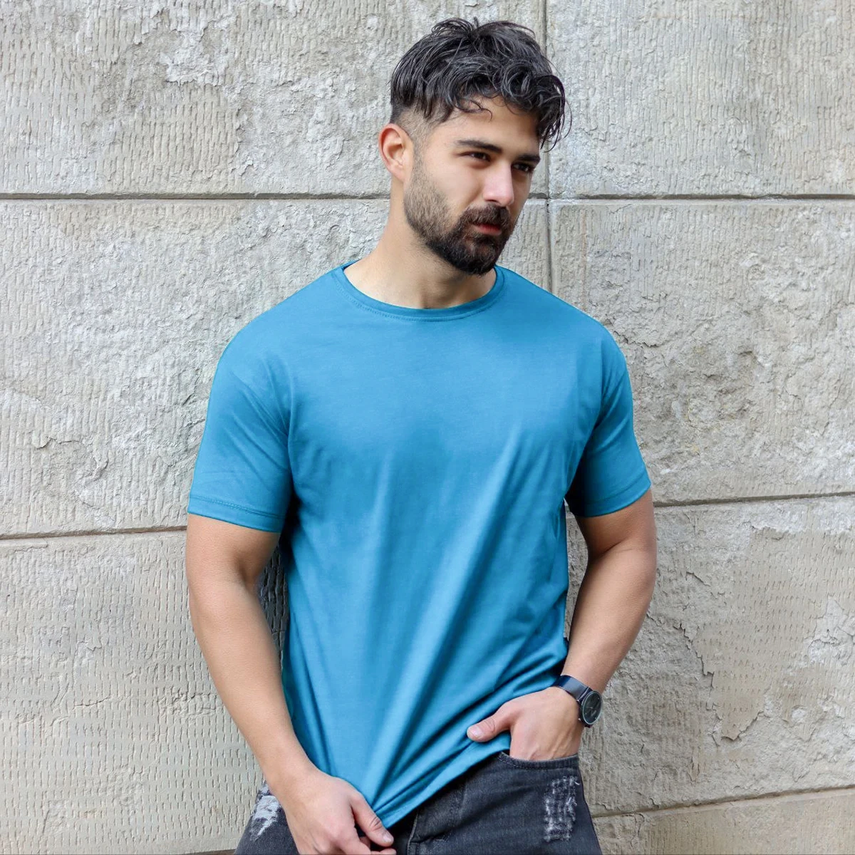 تیشرت ساده آبی مردانه مدل Vala