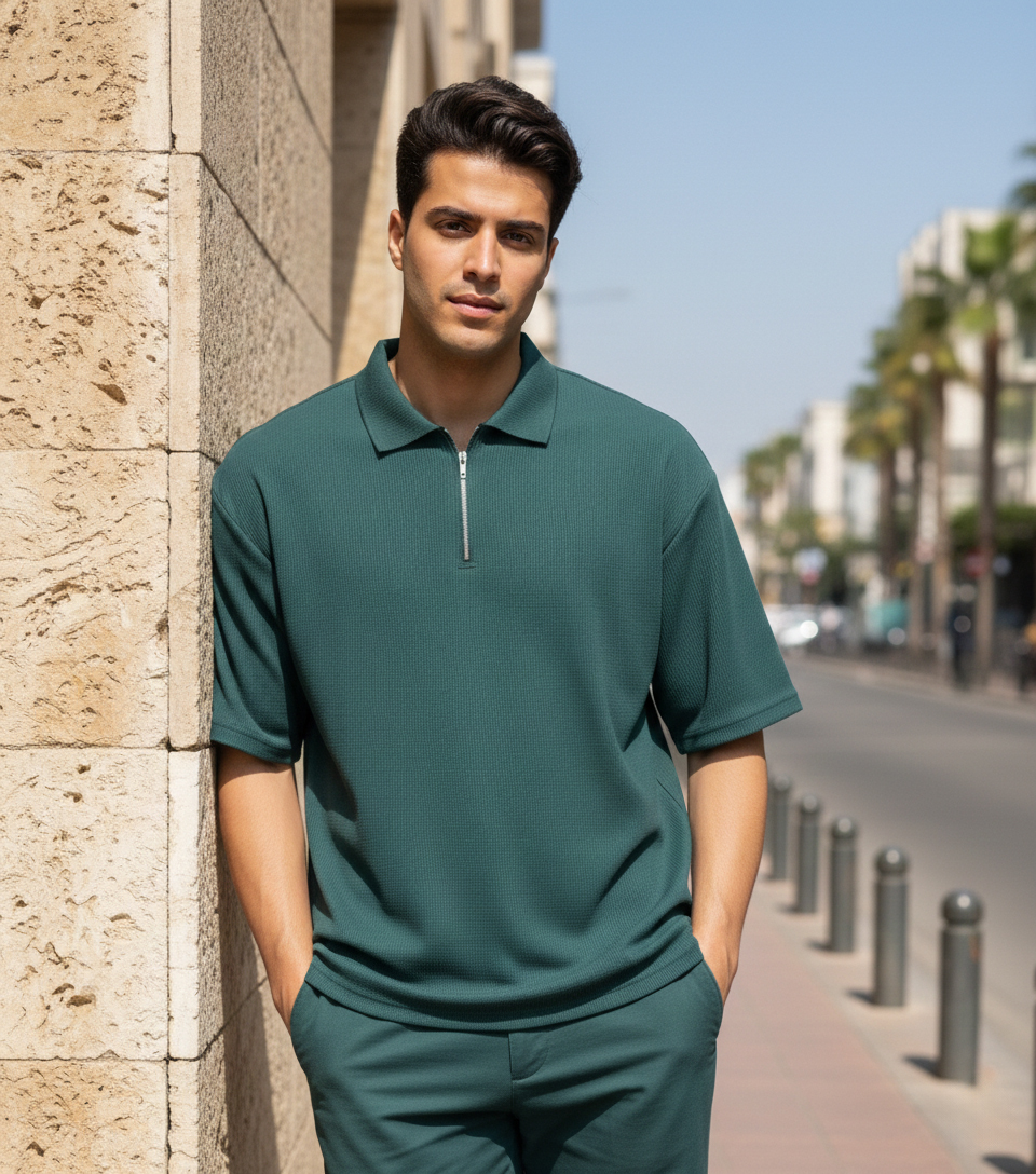 تیشرت مردانه یقه زیپ دار سبز مدل Arban