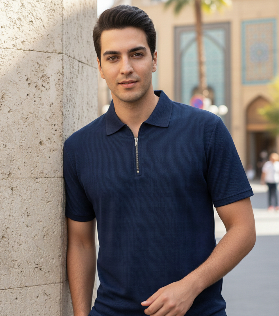 تیشرت مردانه یقه زیپ دار سرمه ای مدل Arban