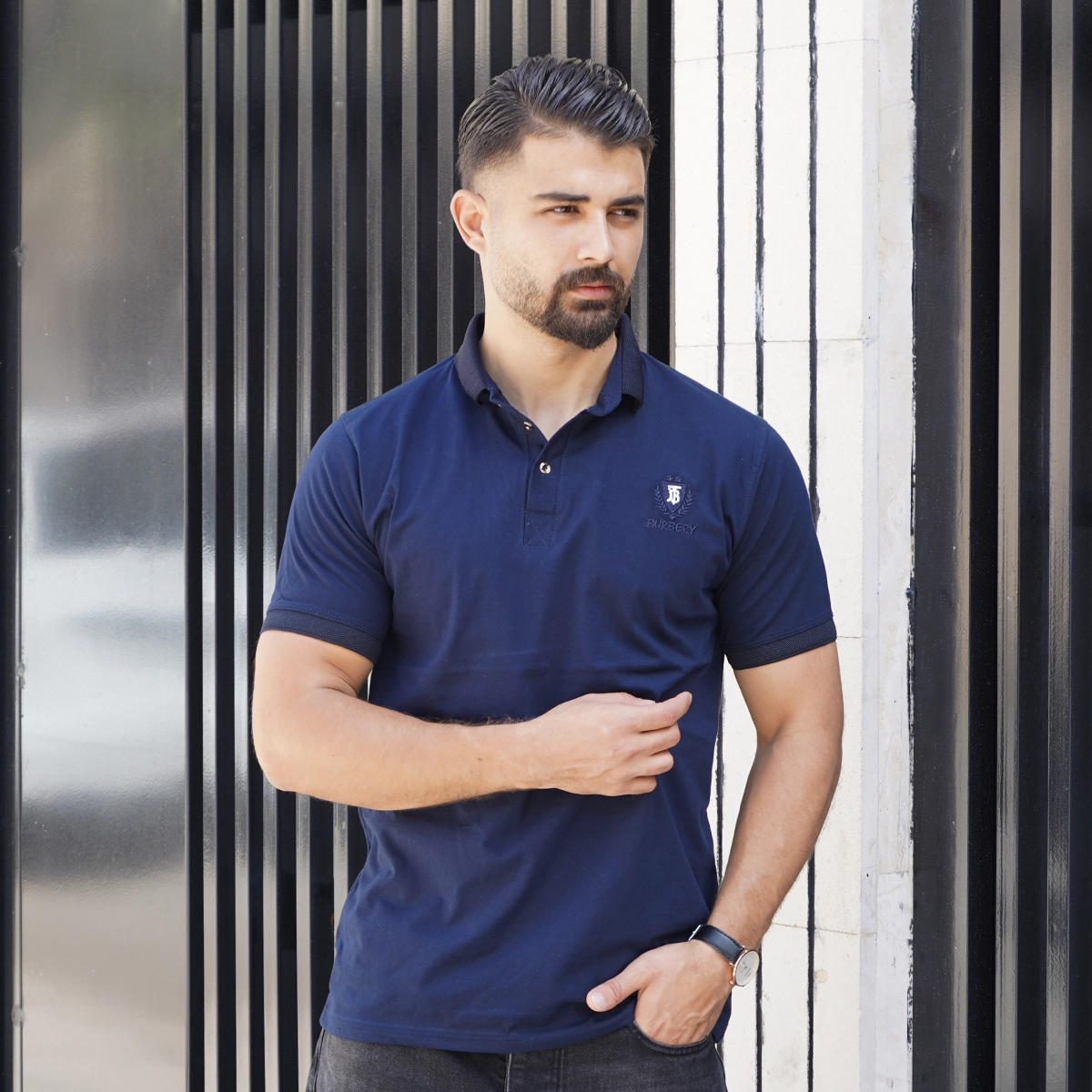 تیشرت یقه دار سرمه ای مردانه مدل Taha