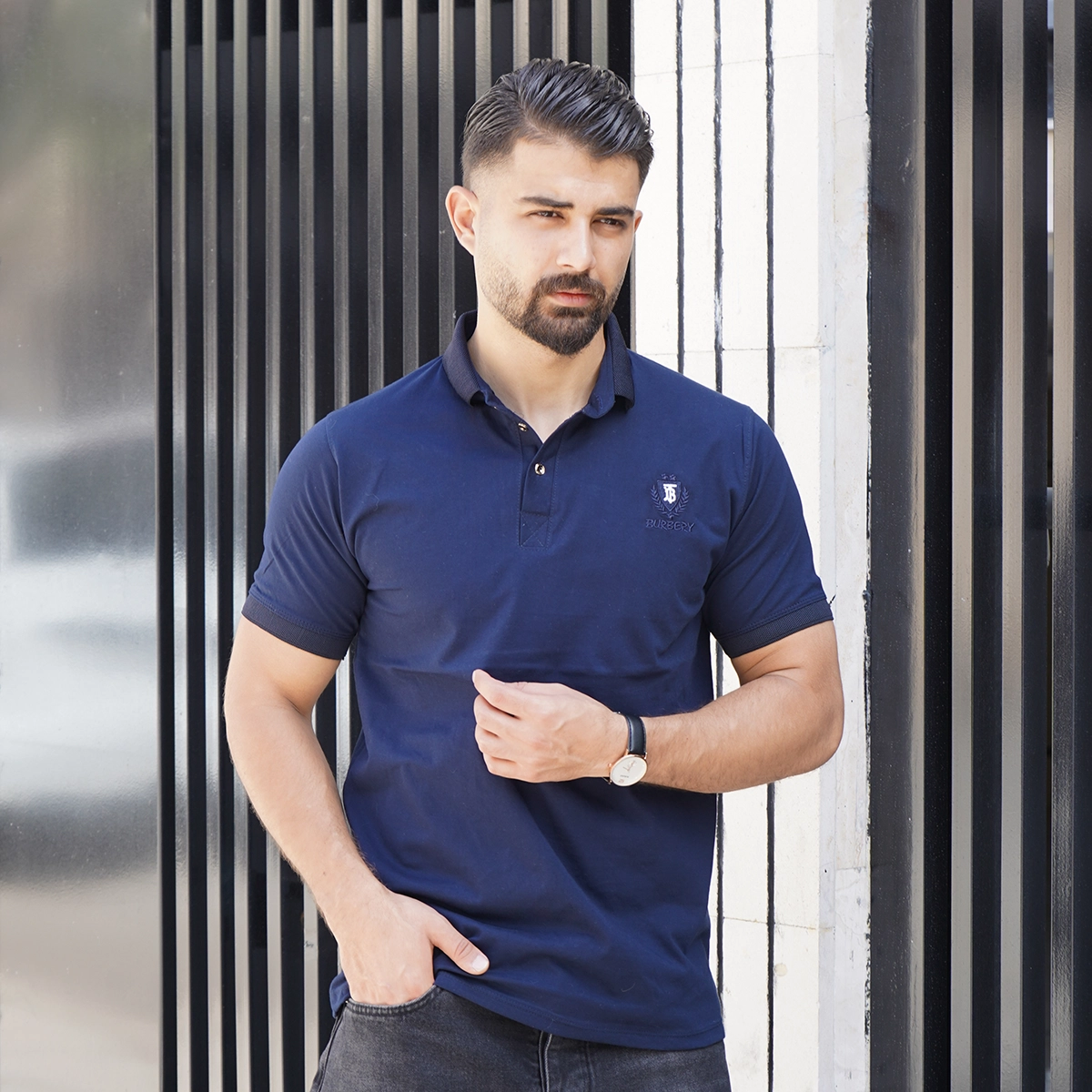 تیشرت یقه دار سرمه ای مردانه مدل Taha