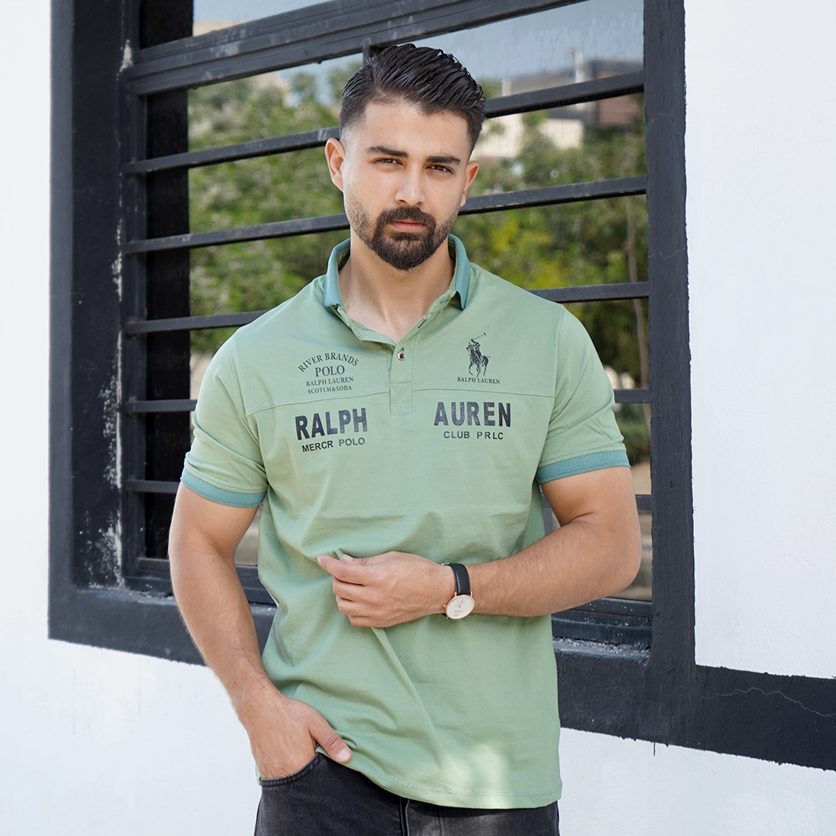 تیشرت یقه دار سبز مردانه مدل Ralph