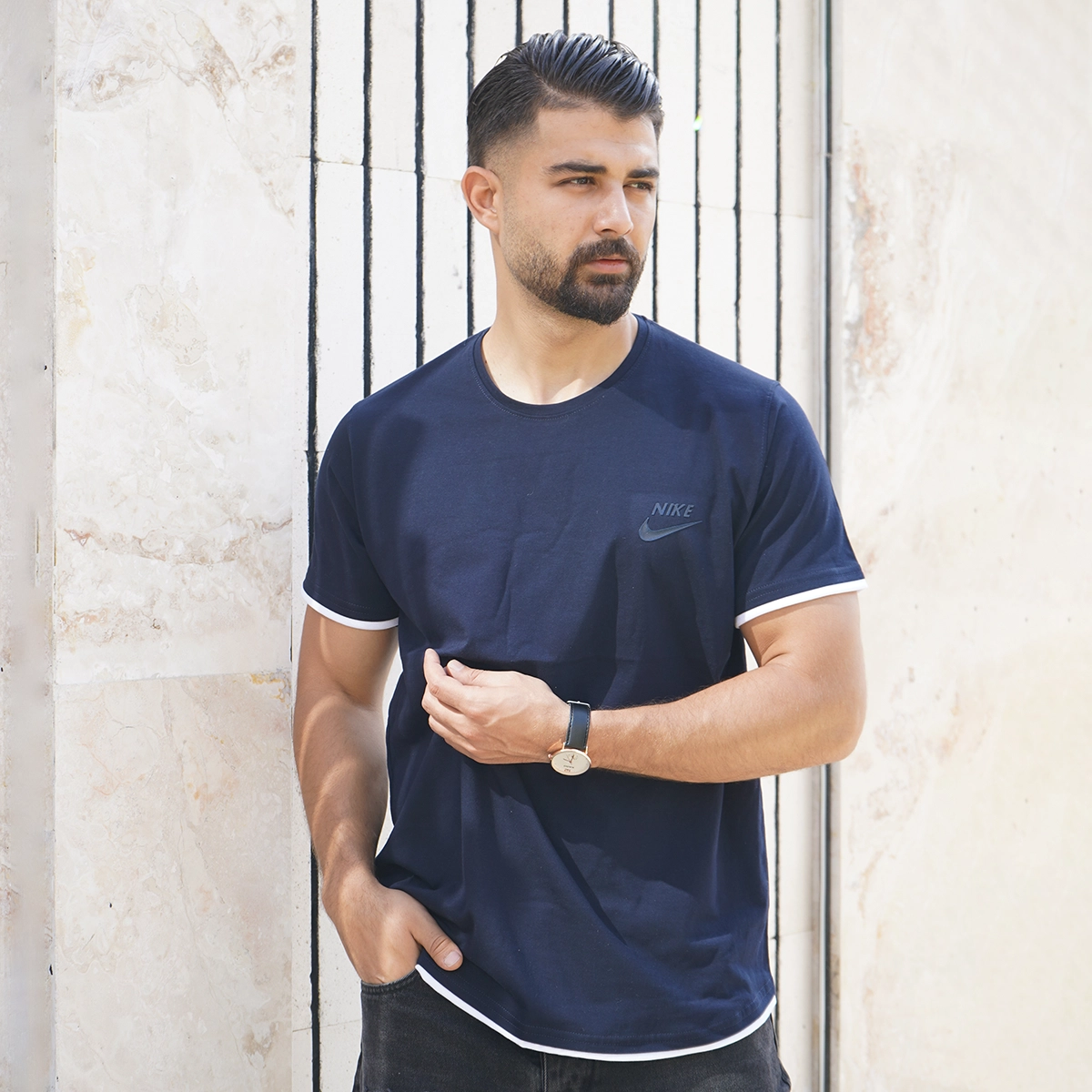 تیشرت یقه گرد سرمه ای مردانه مدل kamyar